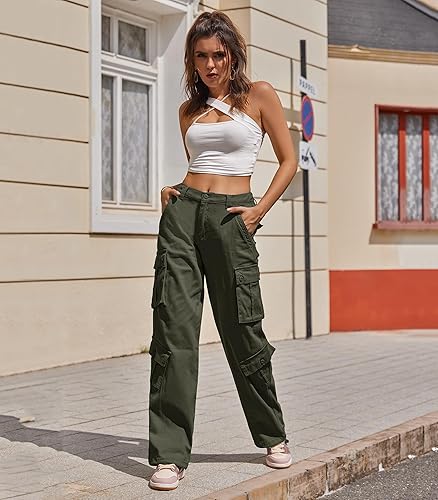 Miniatura 3 de ZMPSIISA Pantalones de mujer de cintura alta, pantalones cargo militares de pierna ancha, pantalones casuales de 8 bolsillos