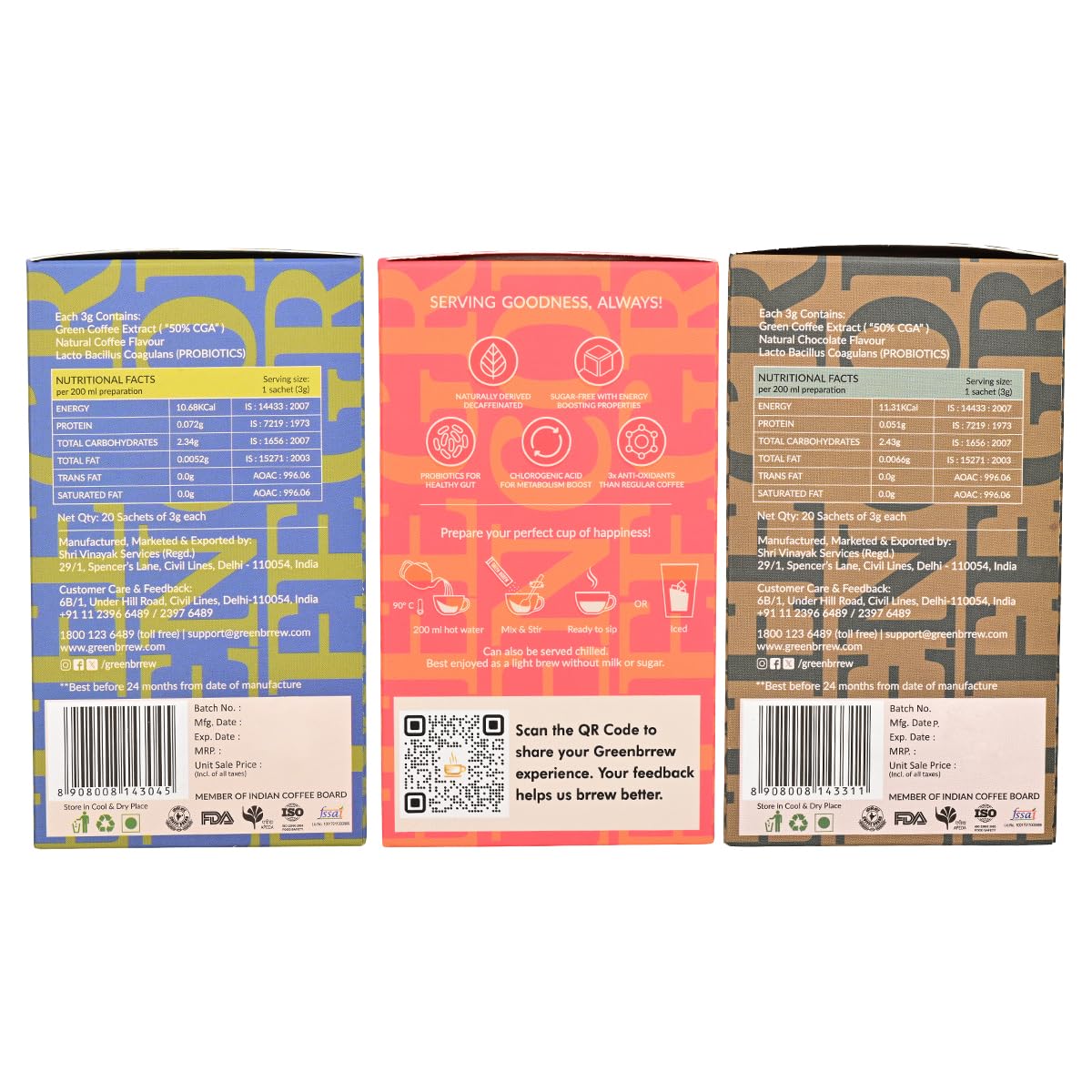 Greenbrrew Instant Green Coffee Combo (Hazelnut, Cappuccino, Chocolate) Decaf & Unroasted Coffee With Probiotics for Healthy Gut | 20 Sachets Each 3
