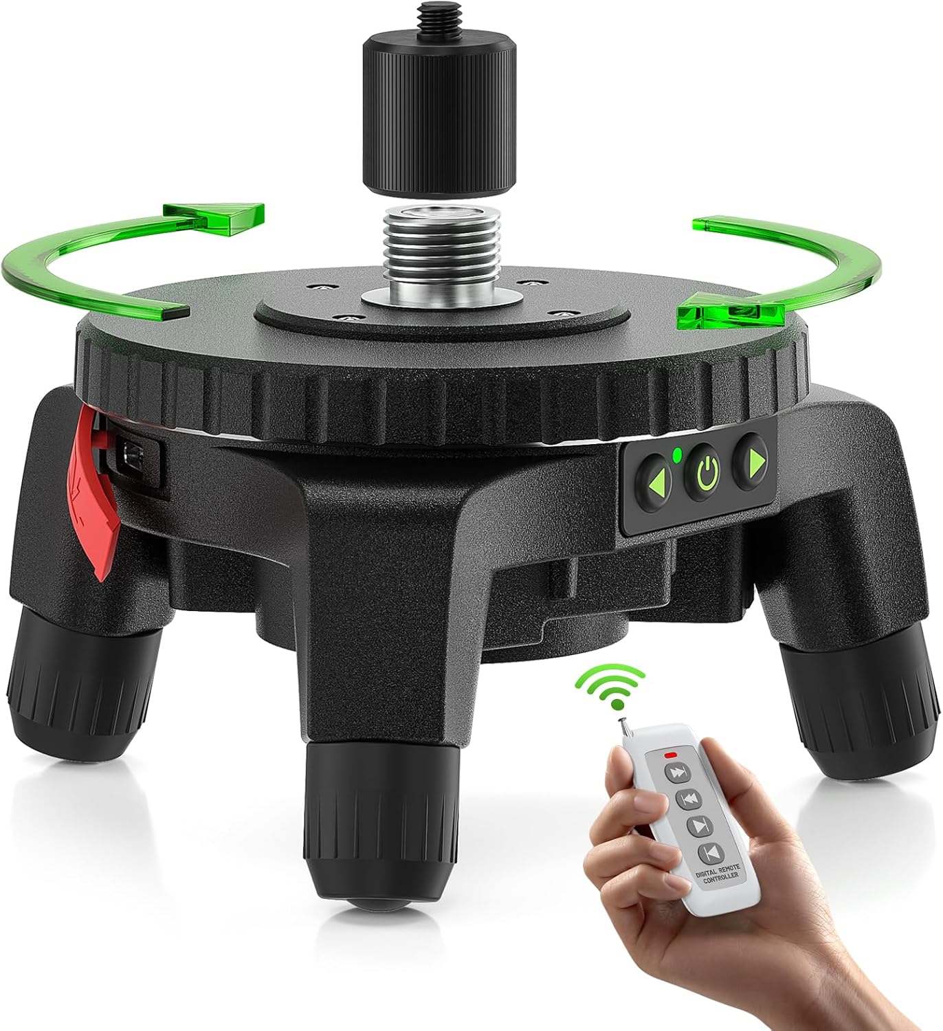 Huepar Electric Rotating Base for Laser Level – Remote Control, Dual-Speed 0.088°/s Fine Adjustment, Adjustable Tripod Legs, 5/8"-11 Thread with 1/4"-20 Adapter, 360° Motorized Turntable