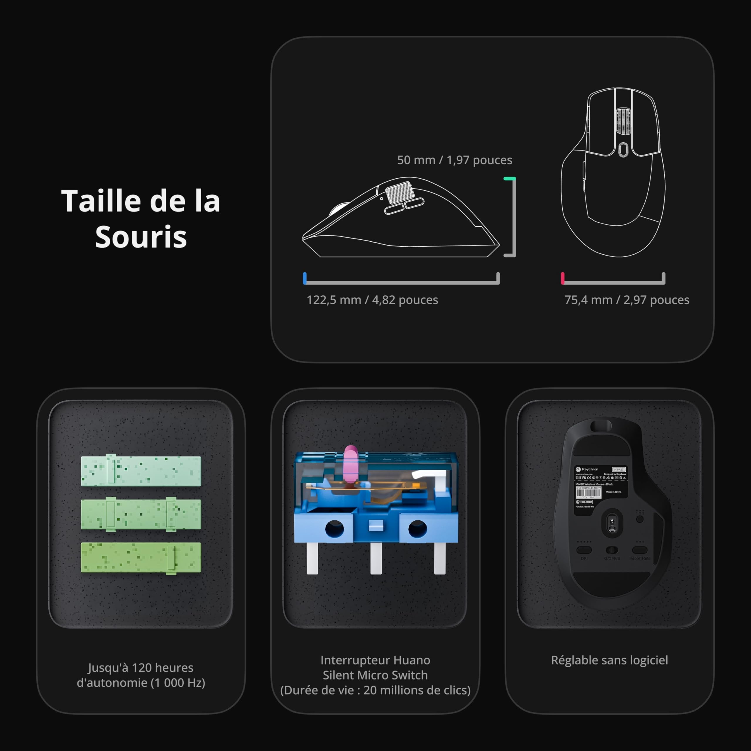 Keychron M6 Souris Silencieuse sans Fil, 2.4 GHz/BT 5.3/USB-C, 8000Hz, PixArt 3950, Molette en Métal, Autonomie Jusqu’à 120h, Programmable Via Launcher, Souris Gamer pour Windows, Mac et Linux, Noir