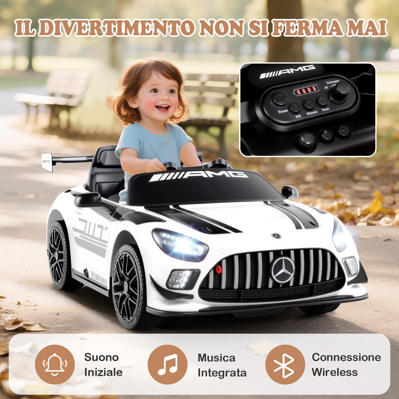 RELAX4LIFE Macchina Elettrica per Bambini 12V Mercedes-AMG GT3,con Telecomando, 2,5/3,5/4,5 km/h, Musica, Clacson, Luci LED, Cintura di Sicurezza Regolabile, Avviamento Lento,3 Anni+ (BIANCO)