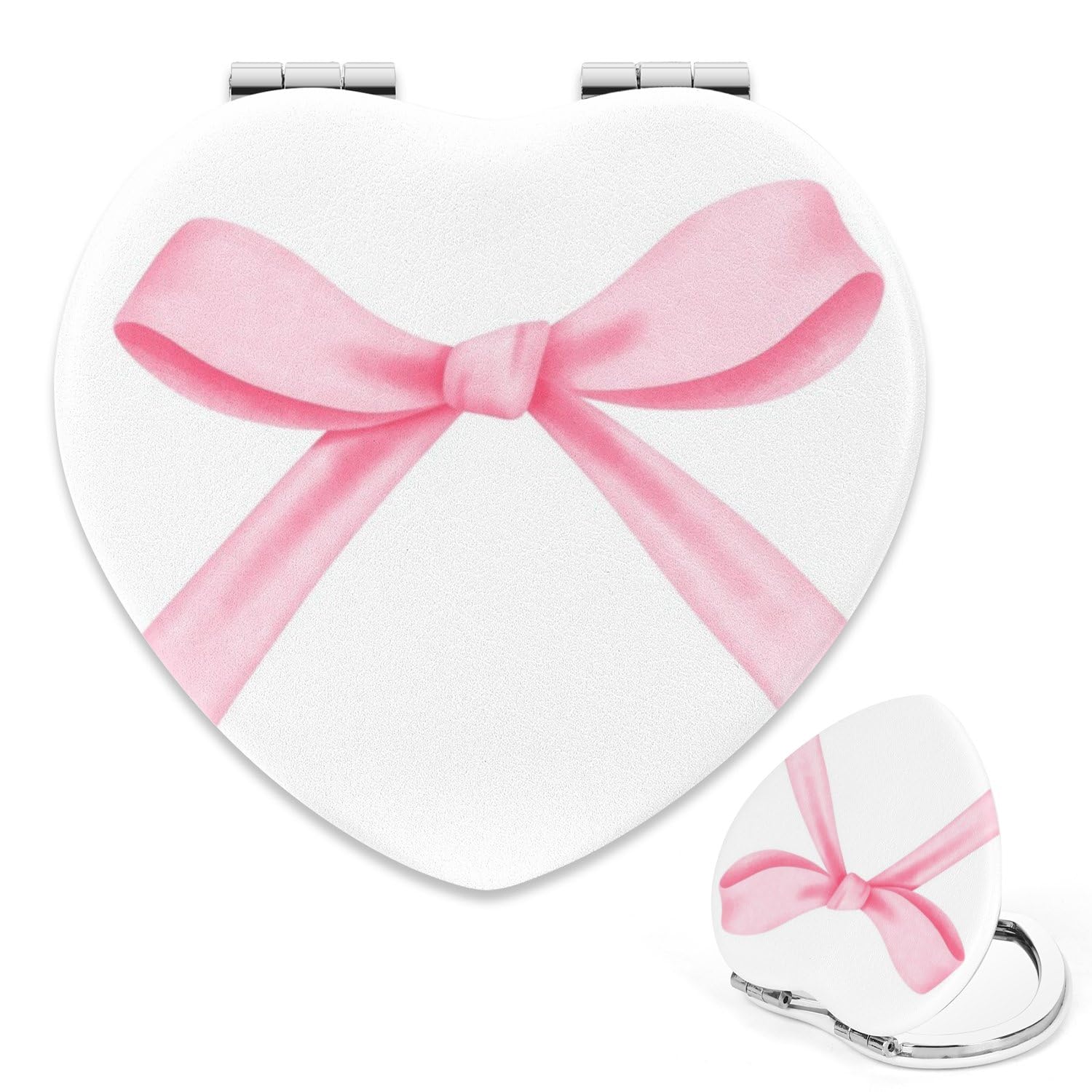 Light Pink Ribbon Bow Makeup Mirror, 1X/2X Heart Shaped Handheld Mirror, Pu Leather Portable Handbag Accessories Small Mirrors, Travel Essentials Mirrors, Small Gifts, Teenage Girls Gifts
