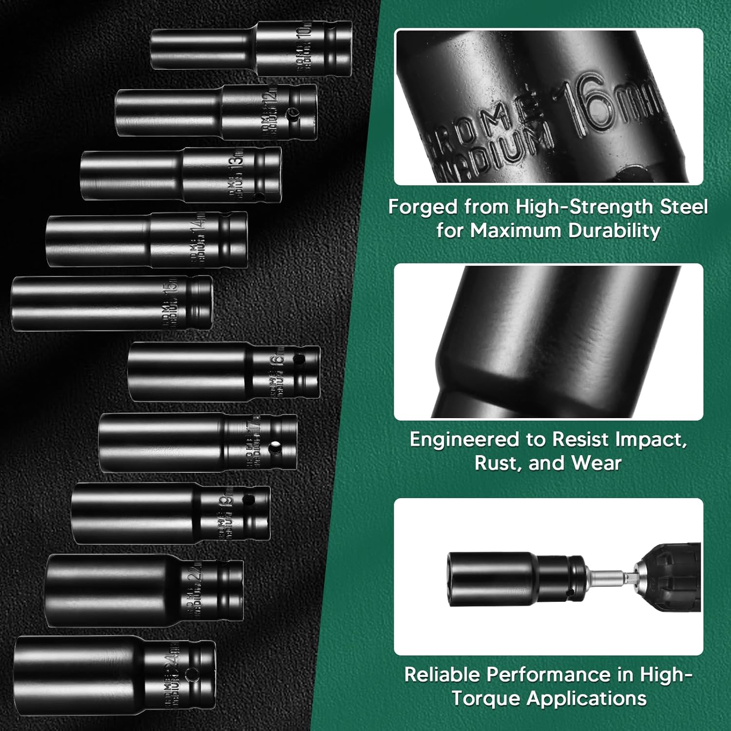 1/2" Drive Metric Impact Socket Set (10–24mm), 10-Piece Heavy Duty Impact Sockets with 2 Extension Bars, Deep Impact Socket Kit for Impact Wrench & Automotive Repair
