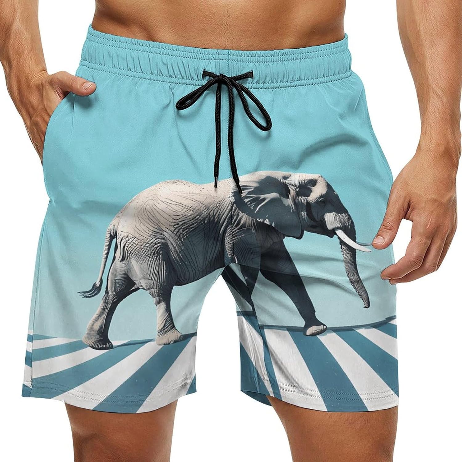 Road Elephant Crossing Casual Men's Swim Trunks Novelty Summer Beach Shorts Swimwear with Pocket