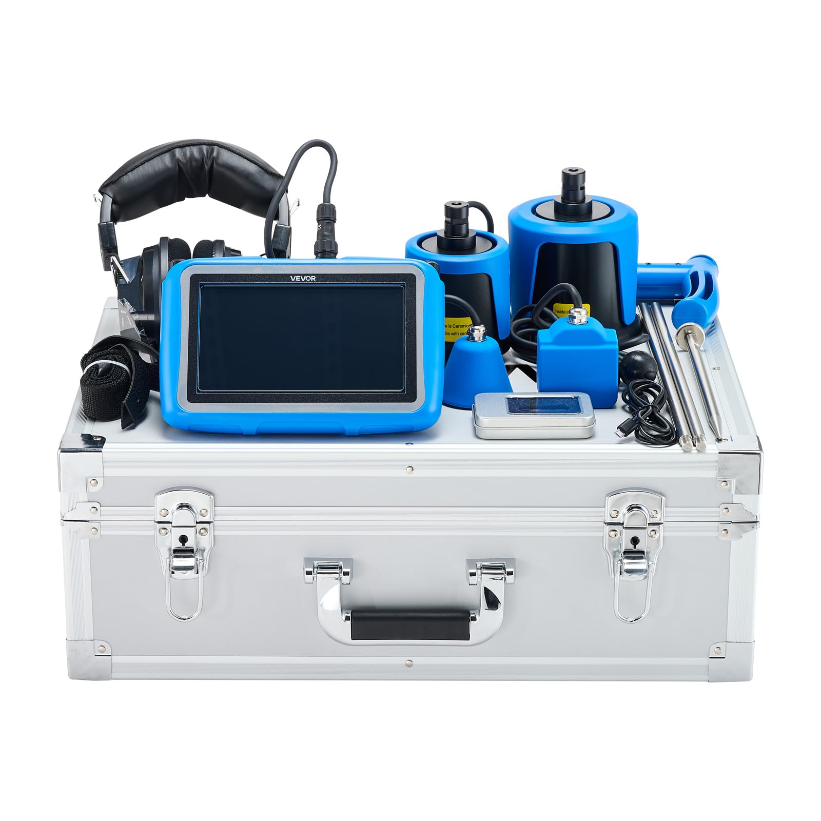 VEVOR Détecteur de Fuite d'eau Canalisations Profondeur 0,5-5 m, 1-10000 Hz, Écran Tactile LCD, avec 4 Capteurs, 3 Sondes d'Écoute, Casque, Carte SD 8 Go, Étui Transport, pour Plomberie Souterraine