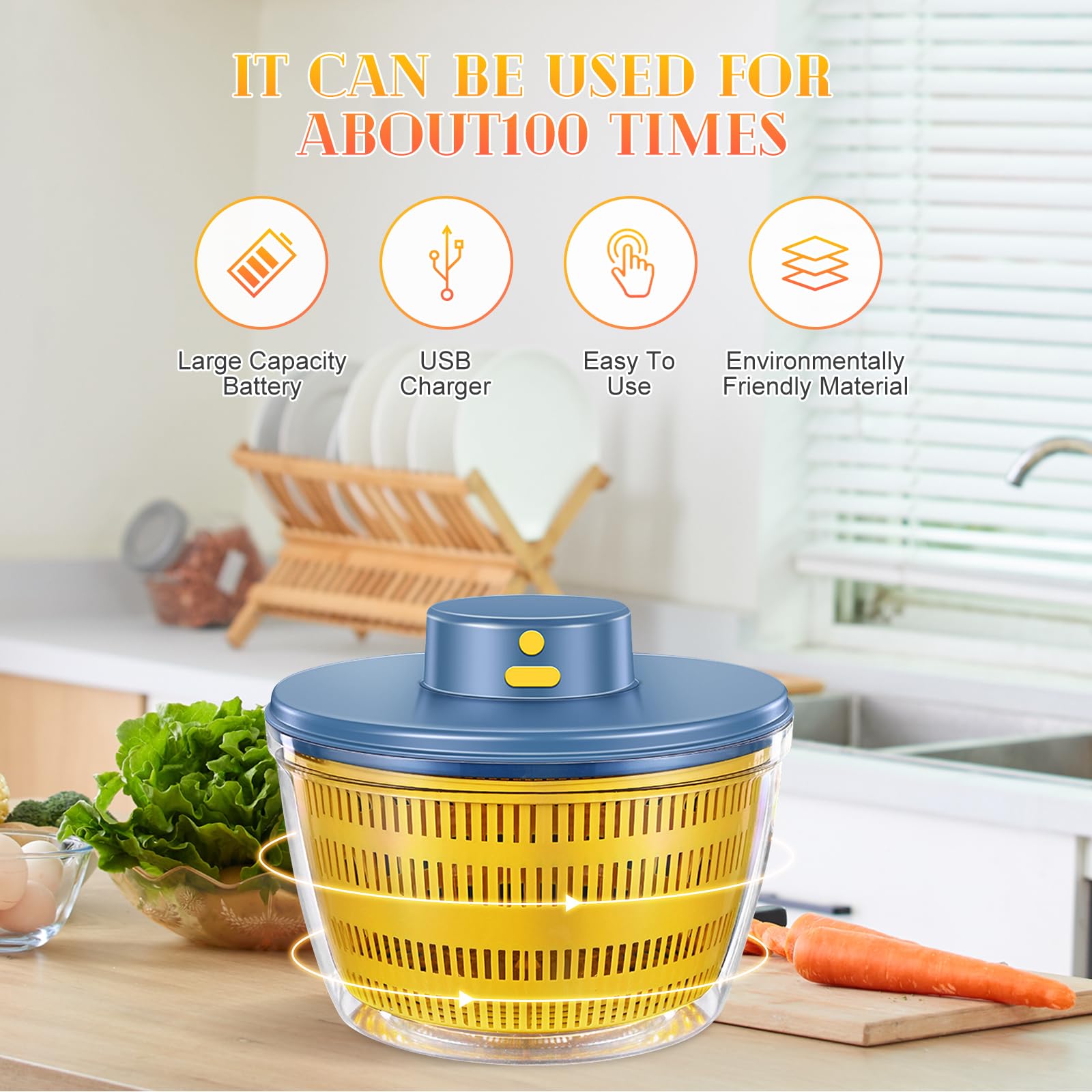 Centrifuga elettrica per insalata, 4 l, grande capacità, per frutta e verdura, centrifuga elettrica USB, centrifuga per insalata e lattuga, automatico, compatto, per la cucina di casa (blu)