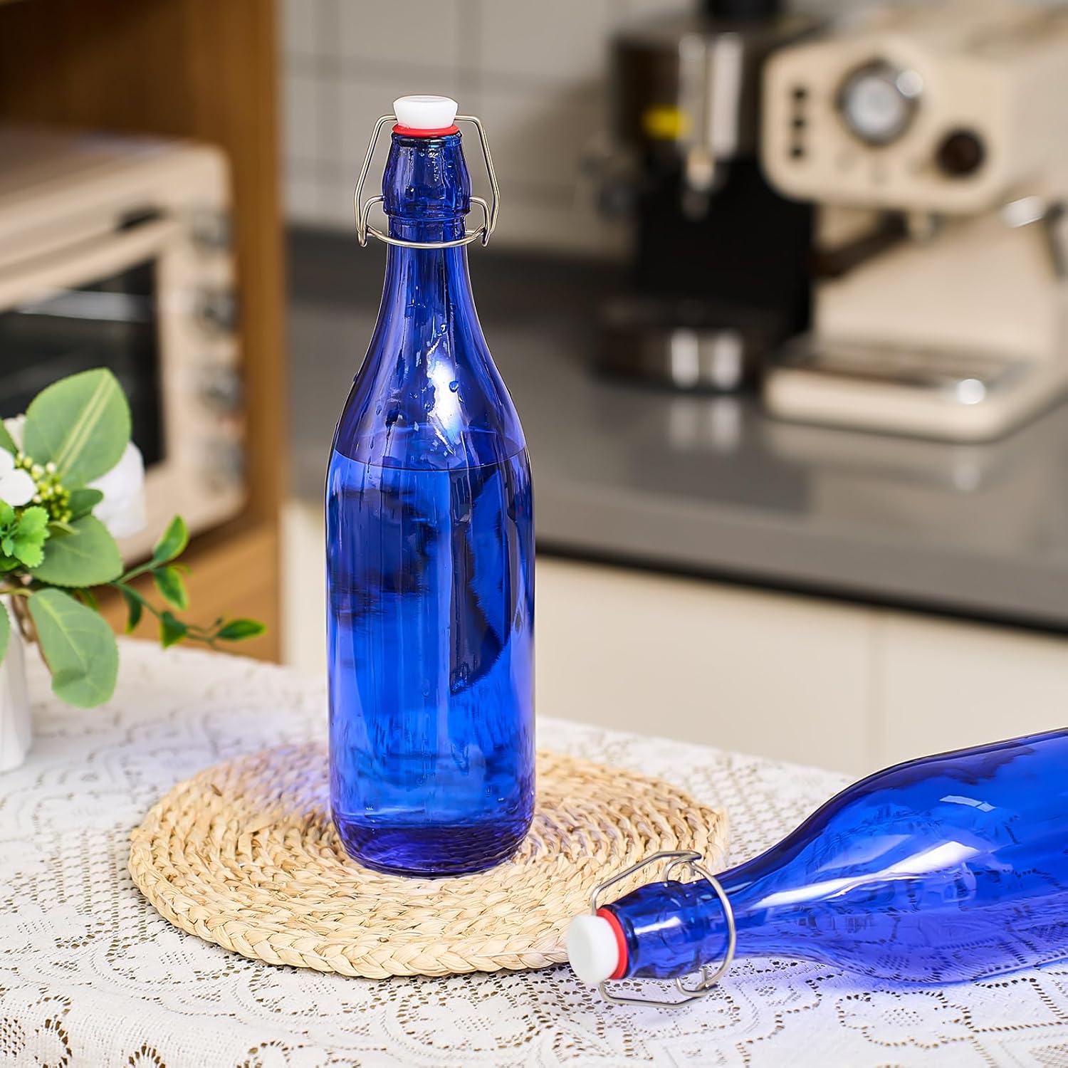 6 Pcs Cobalt Blue Glass Bottles 1 L/ 33.75 oz Decorative Wine Bottles Flip Top Glass Water Bottle with Airtight Lid for Home Decor Garden Tree Yard Outdoor Decorations