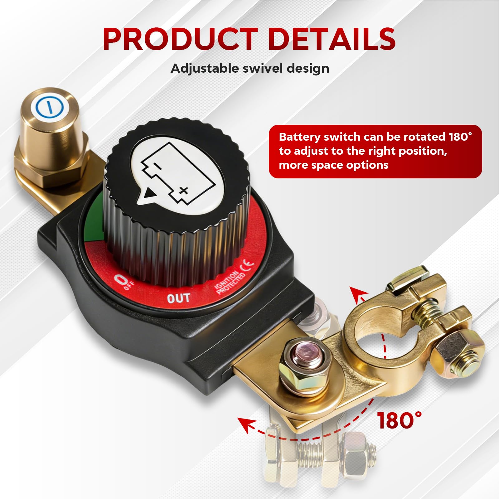 Stacca Batteria 12V-48V, Regolabile 180° Interruttore di Separazione Della Batteria, Stacca Batteria per Auto ON-OFF, Staccabatteria per Auto, Moto, Roulotte, Yacht, Adatto al Polo Negativo