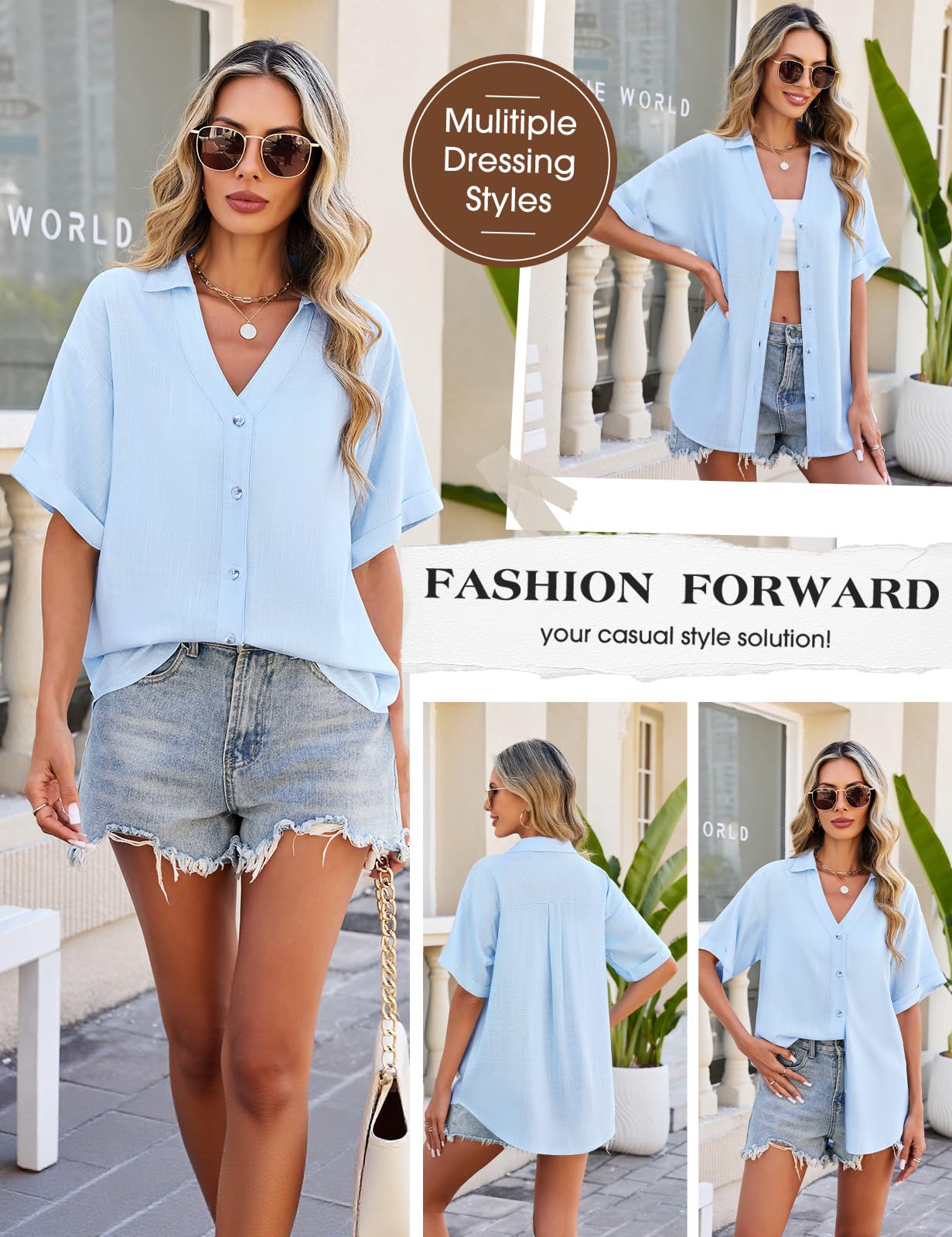 Blusas Mujer Verano Camisa de Lino Elegantes Manga Corta Cuello en V Camisas Casual Suelta Blusa con Botones Camiseta Basicas Shirts Tops