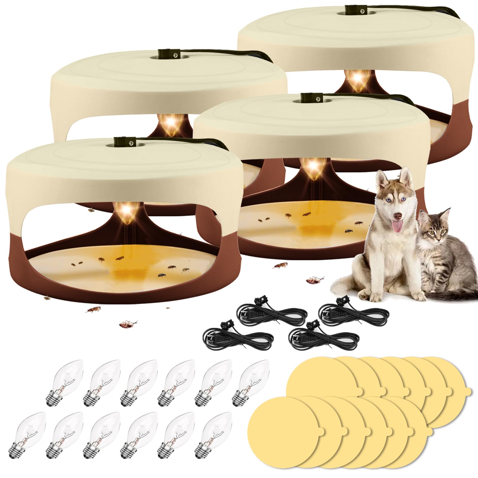 Trappola per pulci per interni ed esterni, con 12 dischi adesivi, 12 lampadine, 4 fili elettrici, sicure per animali domestici, confezione da 4