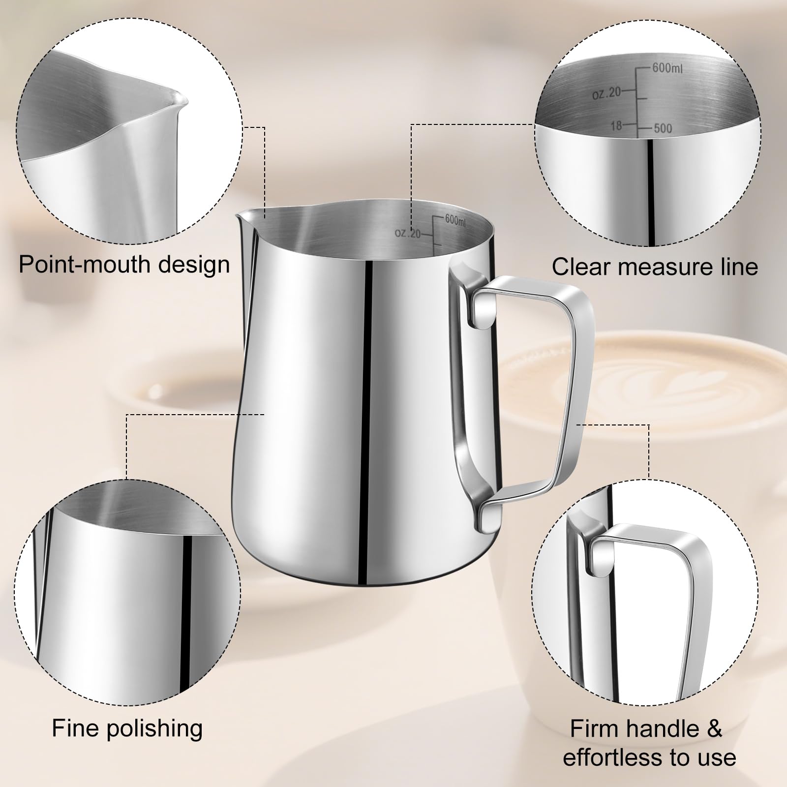 Honeydak 4 jarras de espuma de leche de 20 onzas, de acero inoxidable 304, para café, bar, capuchino, barista, herramientas, jarra de leche, vaporizador, taza espumadora