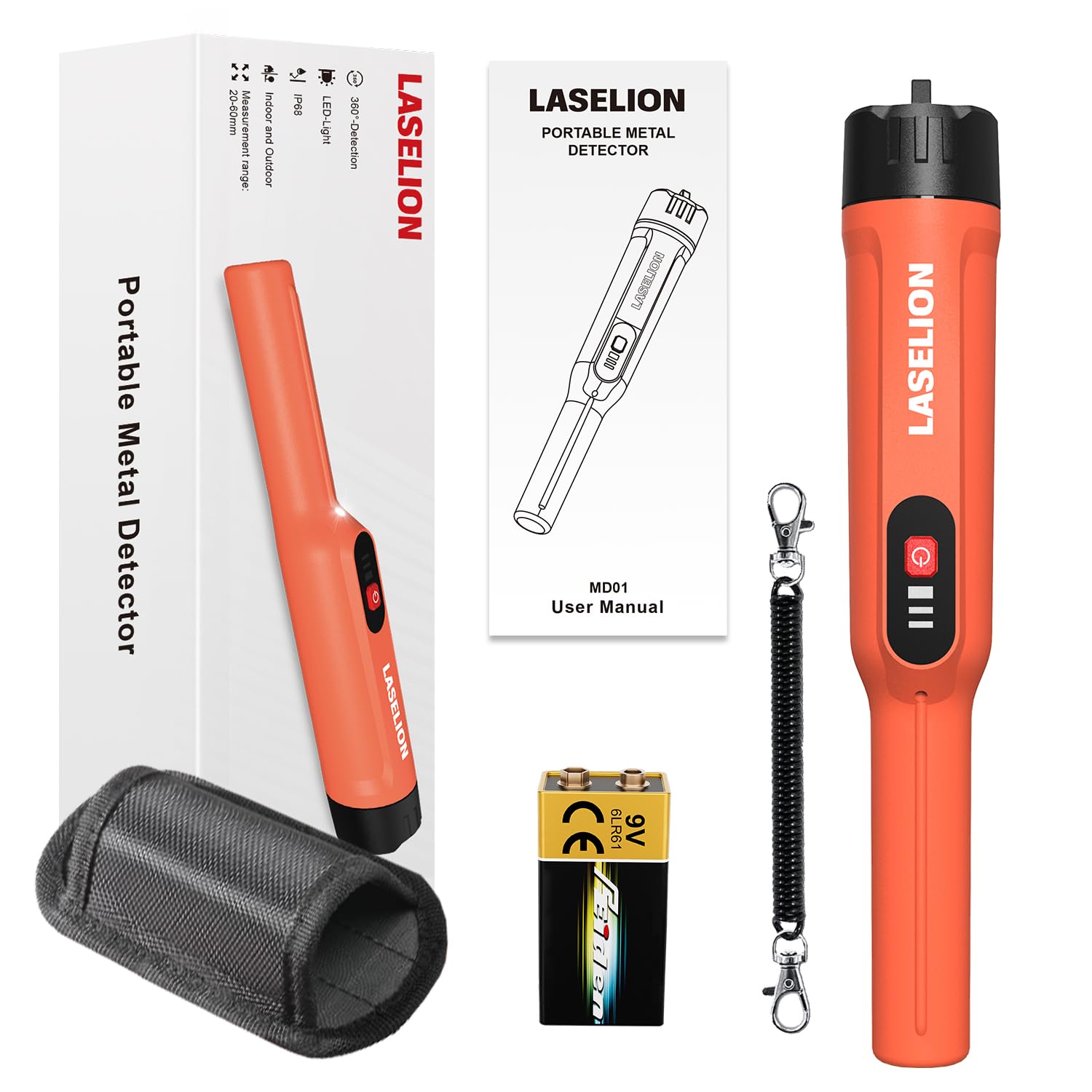 Pinpointer Detector de Metales, LASELION MD01 Portátil IP68 Impermeable, Pinpointer de Mano con Batería de 9V, Riñonera y Cordón, 360°Precisión Exploración