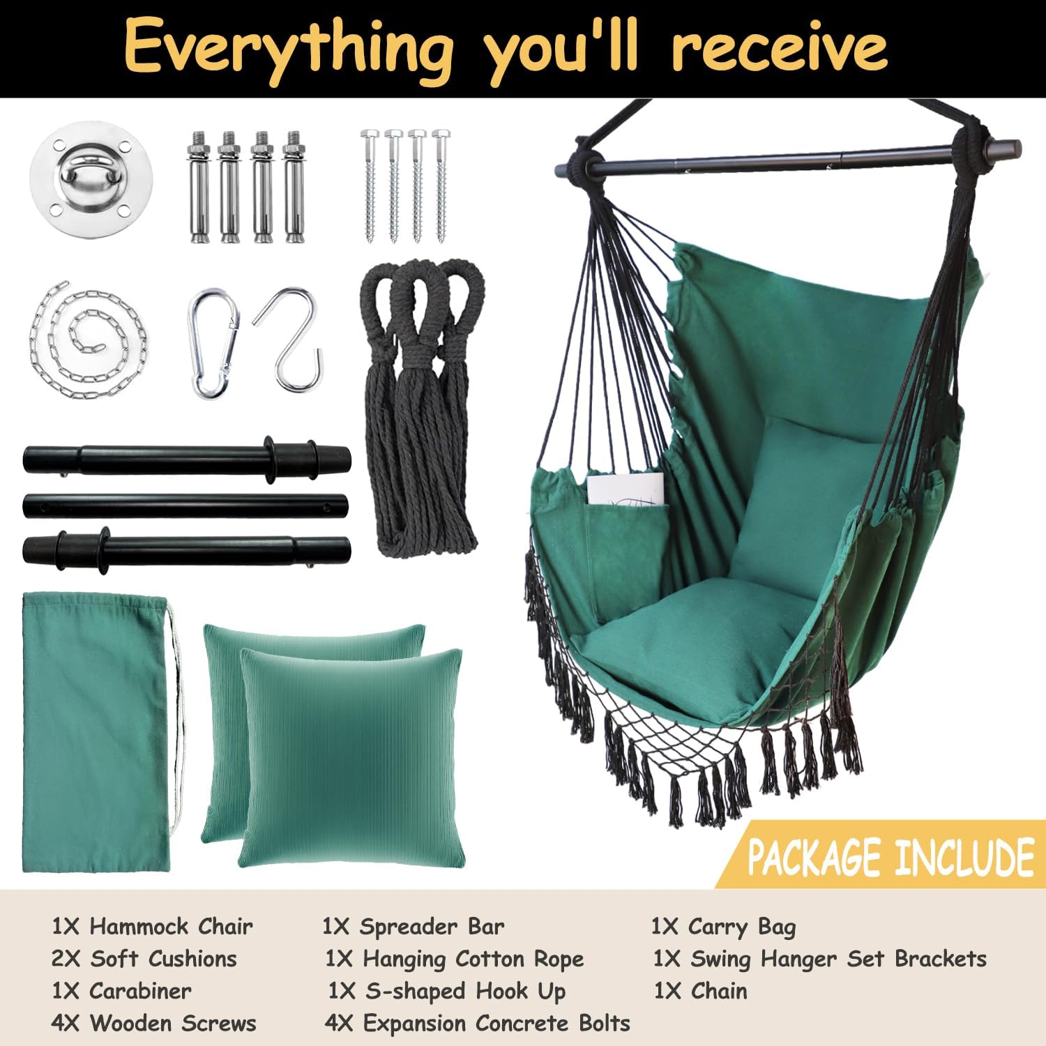 Hammock Chair Hanging Rope Swing Chair,Max 450 Lbs, Large Hanging Chair with Pocket, 2 Cushions, Removable Steel Bar, Hardware Kit Included, Superior Comfort for Indoor Outdoor (Dark Green)