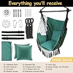 Hammock Chair Hanging Rope Swing Chair,Max 500 Lbs, Large Hanging Chair with Pocket, 2 Cushions, Removable Steel Bar, Hardware Kit Included, Superior Comfort for Indoor Outdoor (Dark Green)