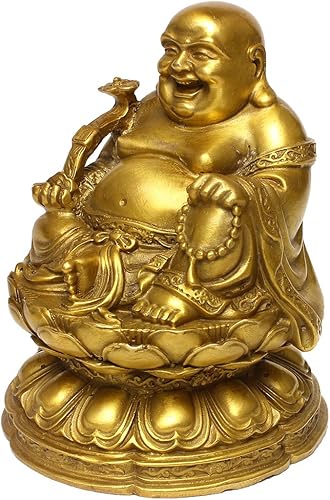 Miniatura 4 de Feng Shui Brass Maitreya Buda riendo sentado en la estatua de flor de loto regalo decorativo para el hogar