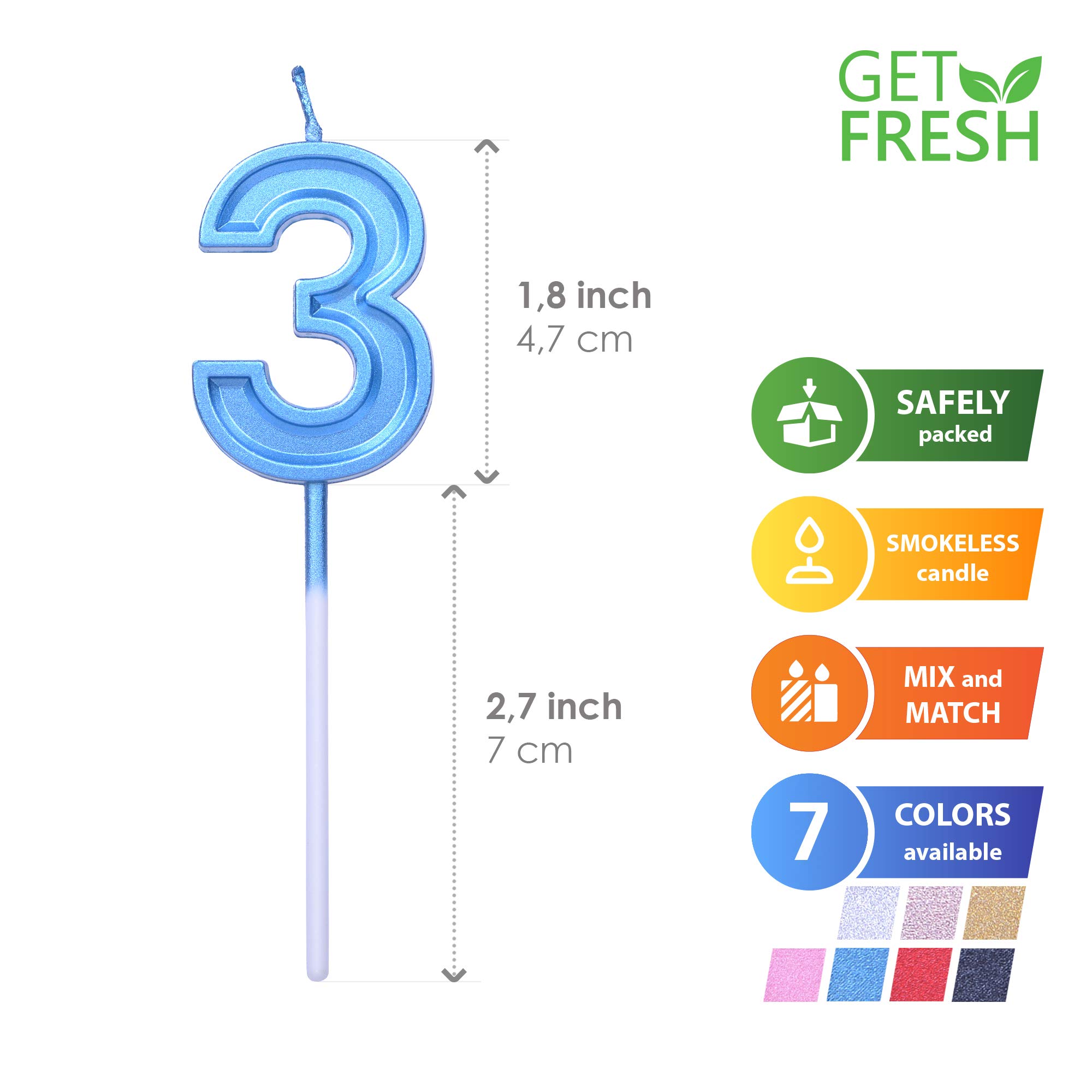 GET FRESH Number 3 Birthday Candle – Blue Number Three Candle on Stick – Elegant Blue Number Candles for Birthday Wedding Anniversary – Baby’s 3rd Birthday Candle Cake Topper – Blue 3 Candle