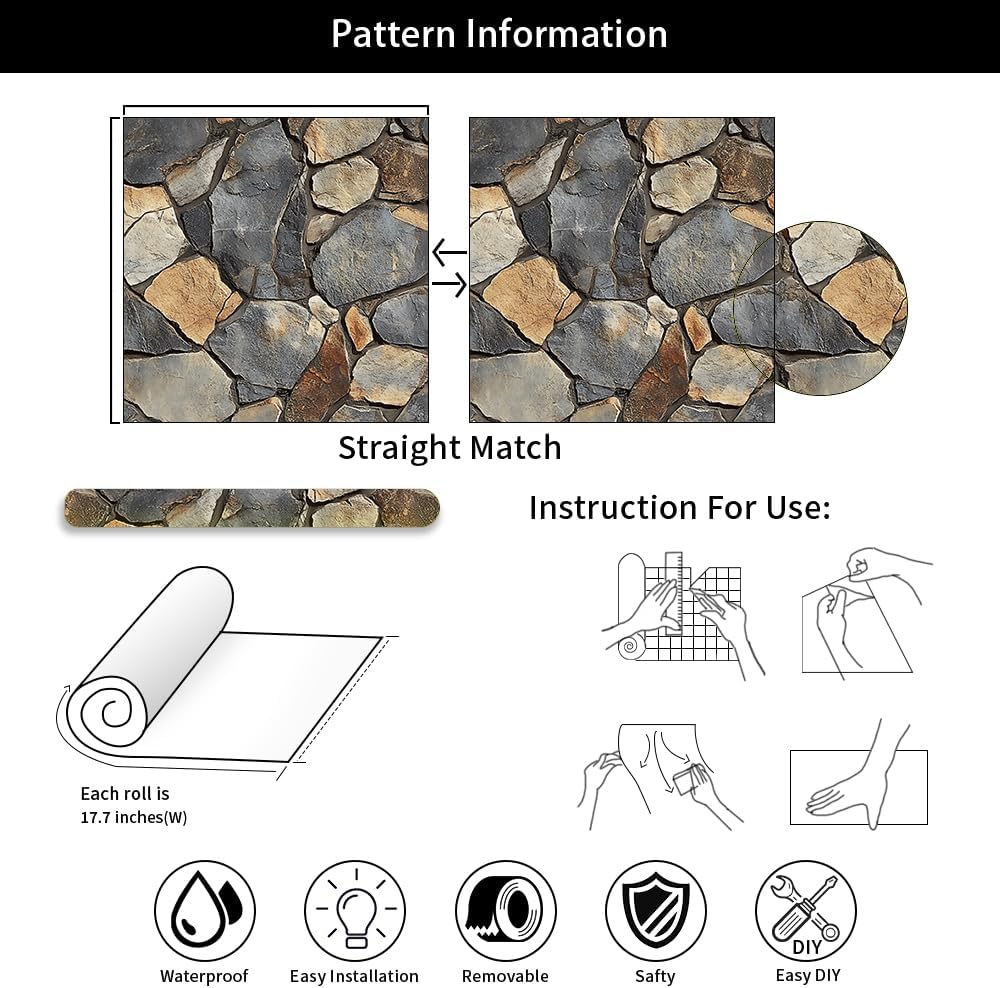 18"x236" Texture Vintage Grey Brown Stone Rocks Peel and Stick Wallpaper Easy Peel Off Contact Paper Vintage Vinyl Self Adhesive Removable Stick on Wall Paper for Kitchen Cabinet Renter Friendly
