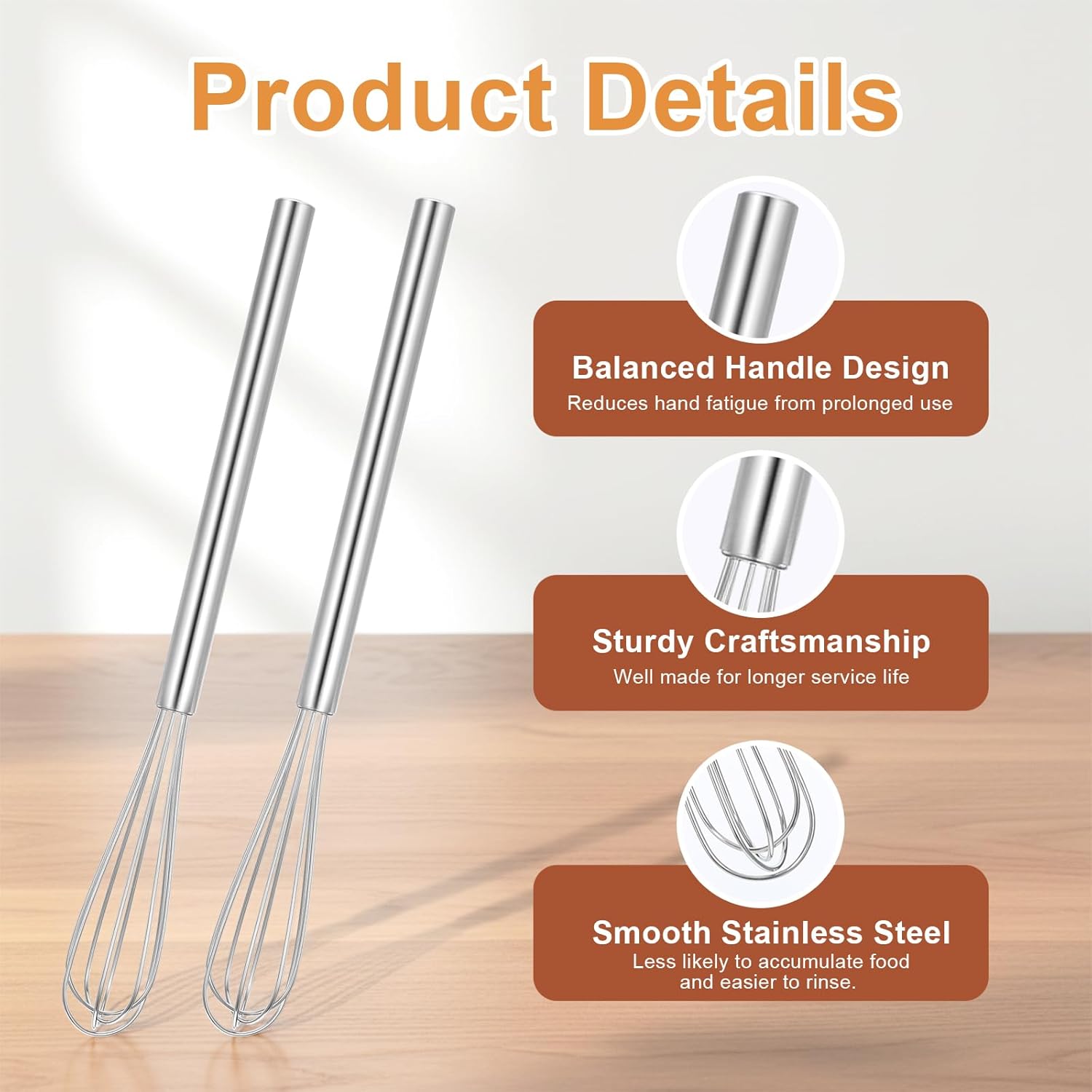 2 Pack Mini Whisk Small Whisks for Cooking Stainless Steel Wire Whisk 10.2 Inches Kitchen Hand Whisk for Eggs Coffee Mixing Sauces Cheese Bread Beating Home Tool - Image 3