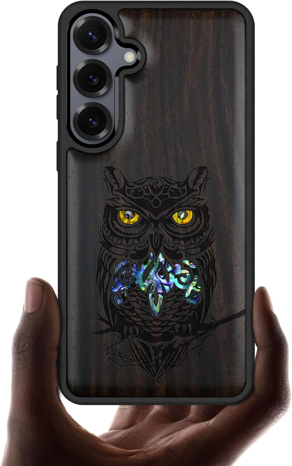 Carveit Magnetic Wooden Case for Galaxy S25+ / S25 Plus Case, Wood Artisan Engraved & Handmade Shell Inlaid, Compatible with MagSafe Wireless Chargers (an Owl Perched on a Branch) Blackwood