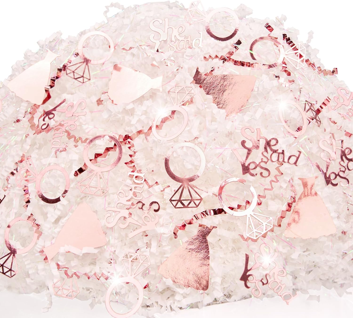 1 LB She Said Yes Crinkle Cut Paper Shred Filler with Dress Diamond Ring Confetti, Iridescent White Rose Gold Strand Raffia Tissue Craft Bedding Cushion, Engagement Wedding Proposal Gift She Said Yes Mix