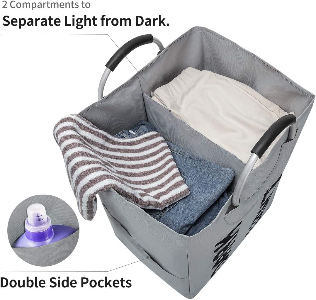 Chrislley Large Laundry Hamper Double Laundry Basket 2 Section Laundry Bag with Handles Foldable Hamper for Laundry Easily Transport Collapsible Clothes Hamper (Dark grey)