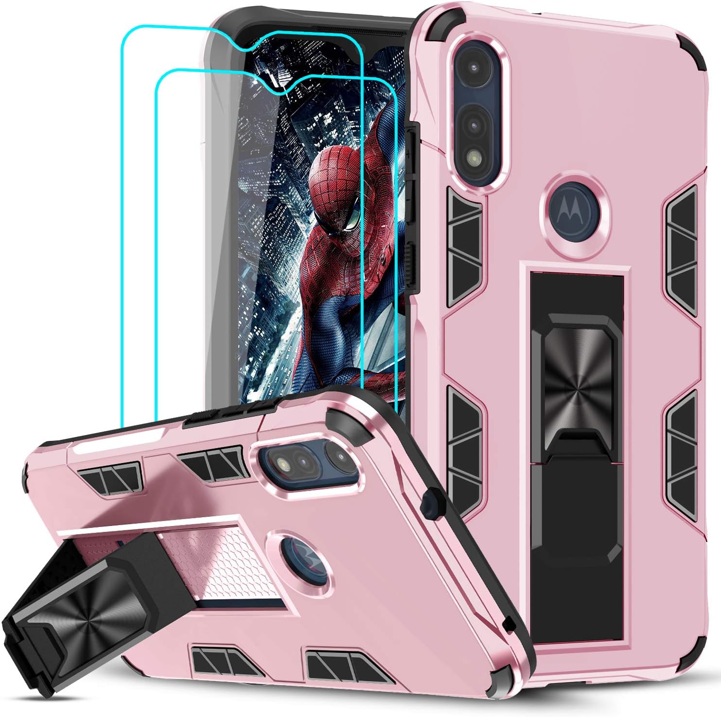 LeYi Compatible with Moto E Phone Case, Motorola Moto E Case with 2 Tempered Glass Screen Protector, Military-Grade Shockproof Built-in Kickstand Car Mount Phone Cover Case for Moto E 2020, Rose Gold