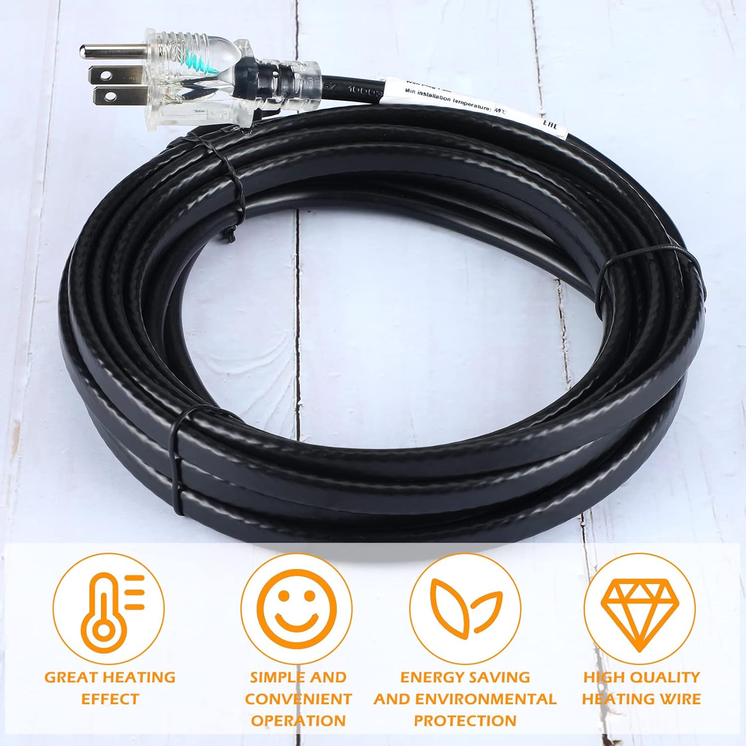 Heating Cable for Pipe Freeze Protection with Power Indicator Plug Built-in Thermostat Self-Regulating Heating Cable, 120V Heavy Duty Heating Cable for Pipe Freeze Protection (6 Ft) - - 