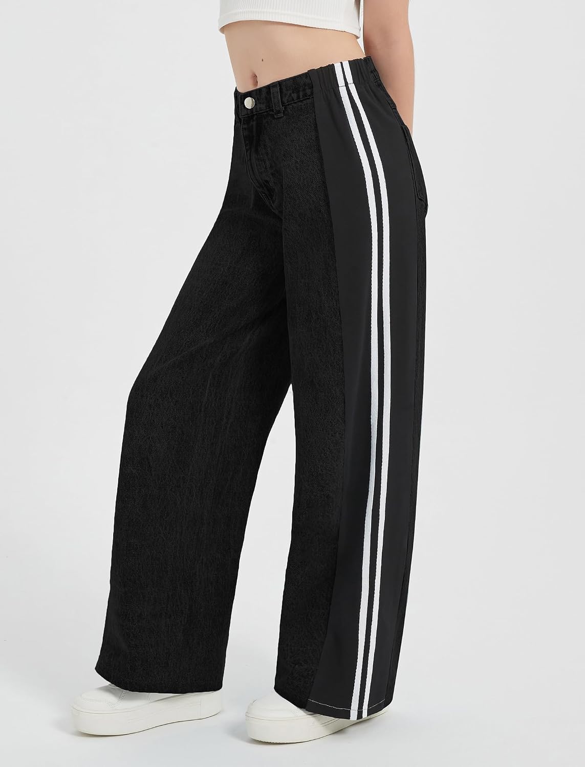 EXARUS Girls Wide Leg Jeans Striped/Bow Baggy Denim Pants Teen Mid Rise
