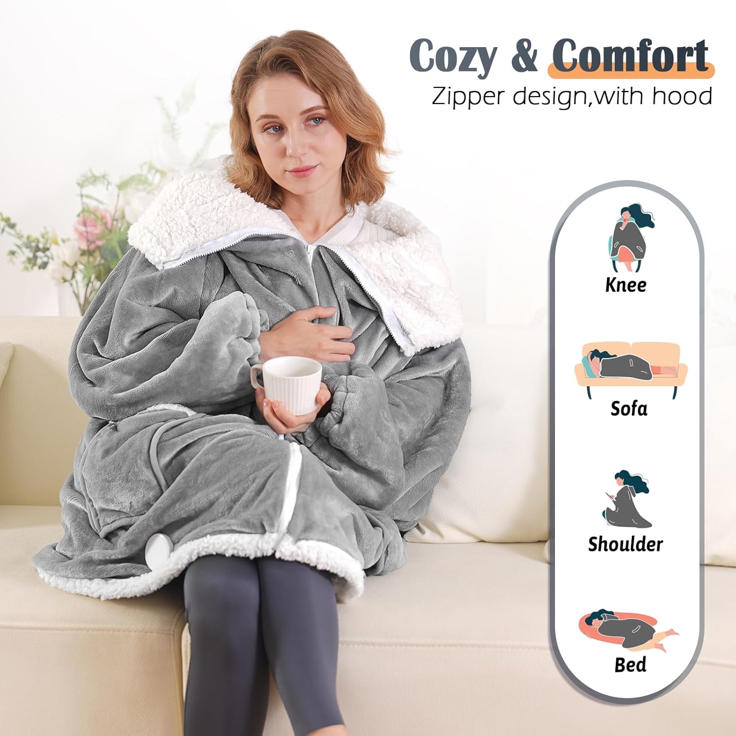 Wearable Heated Blanket with Zipper Design, Electric Wearable Throw Blanket with Sleeves, Hood, Heated Hoodie Blanket, Wearable Electric Blanket with 8 Heating Levels, 1-10H Auto-off Settings, 43*60" - Image 3