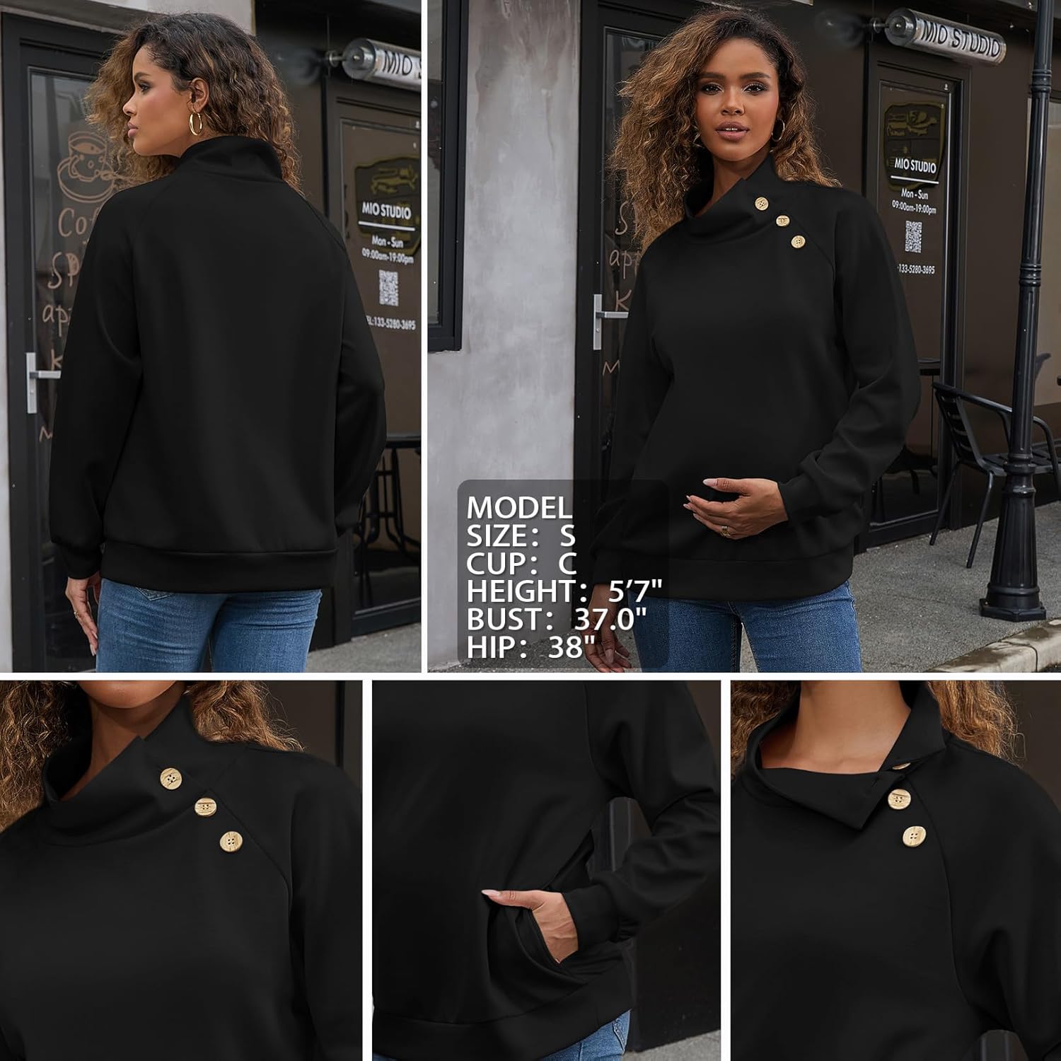 Maternity Oversized Turtleneck Sweatshirt for Women Buttons Shirts Long Sleeve Tops as clothing with Side Pockets - Image 5