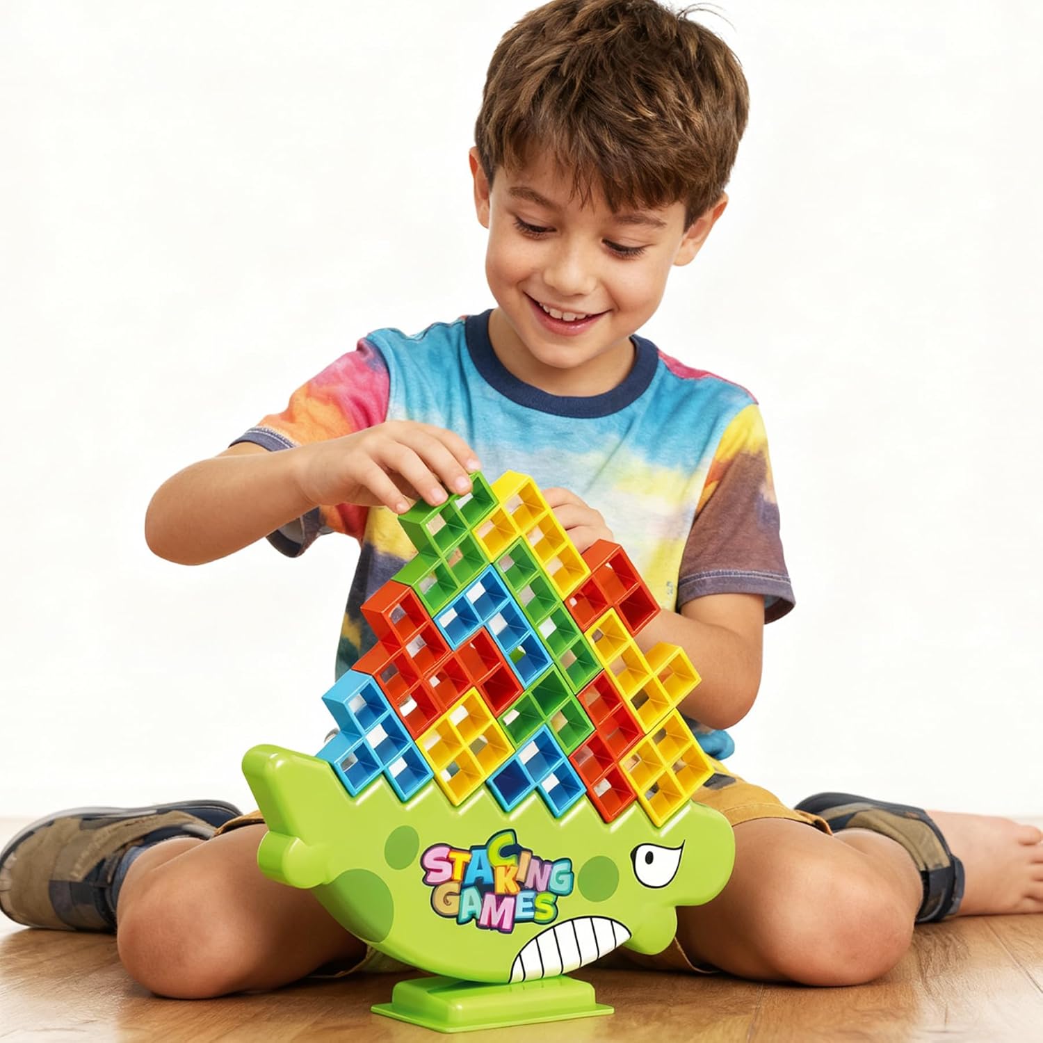 Stacking Balance Game for Kids & Adults - 3D Colorful Dinosaur Blocks 48PCS, Fine Motor Skill Development Toy, Retro Block Puzzle-Inspired Board Game, Gift for Ages 3+