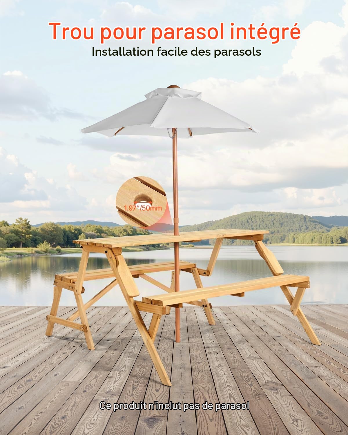 VEVOR Table de Pique-Nique Interchangeable 2 en 1 Transformable, Ensemble Table et Banc d'extérieur en Bois, Banc Pliable Portable avec Trou pour Parasol, pour Jardin, arrière-Cour, Porche, Marron