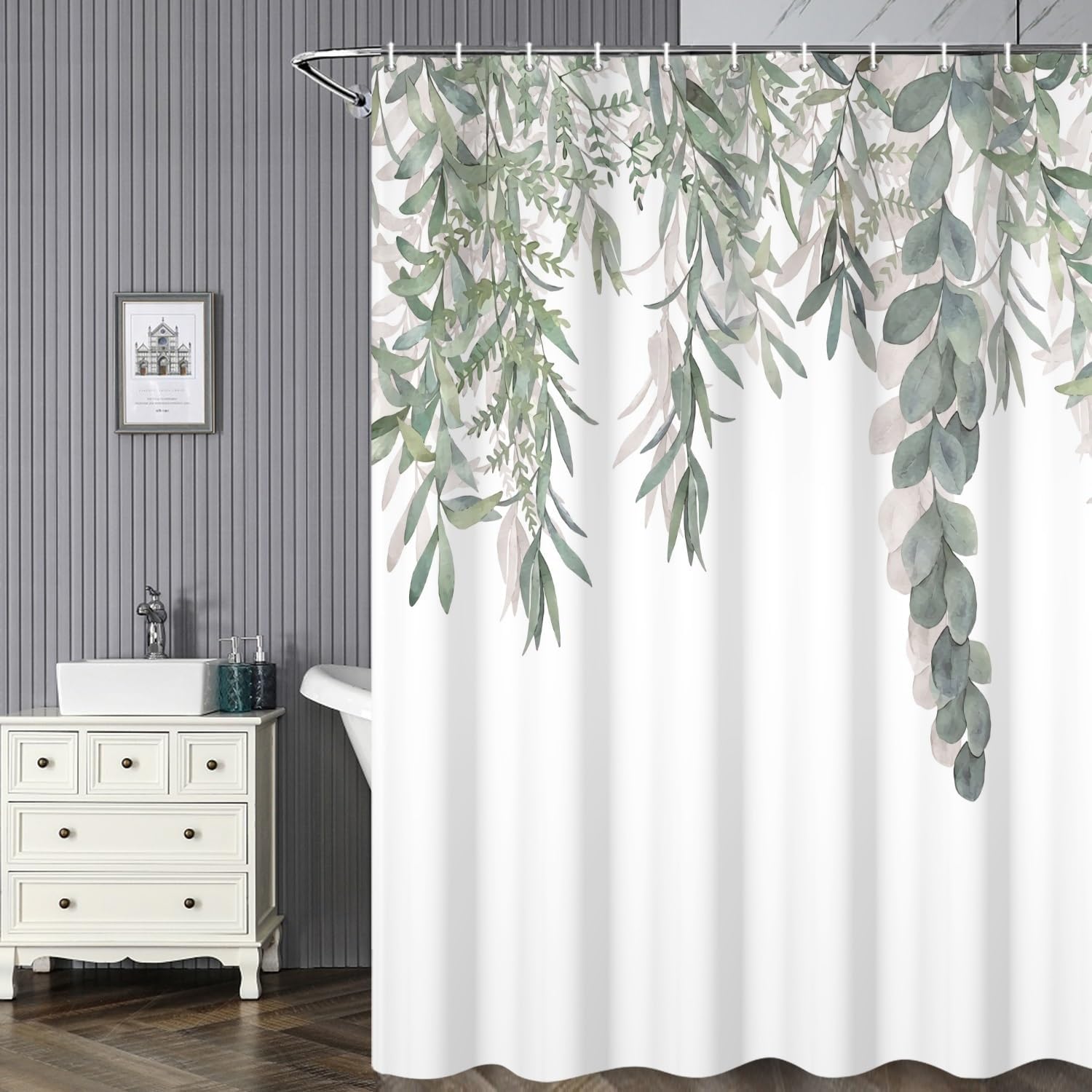 Shower Curtains Green Sage Leaves Modern Fresh Nature Bathroom Decor Fabric Waterproof Polyester Watercolor Leaf Bath Curtain Set with Hooks, 72x96 Inch