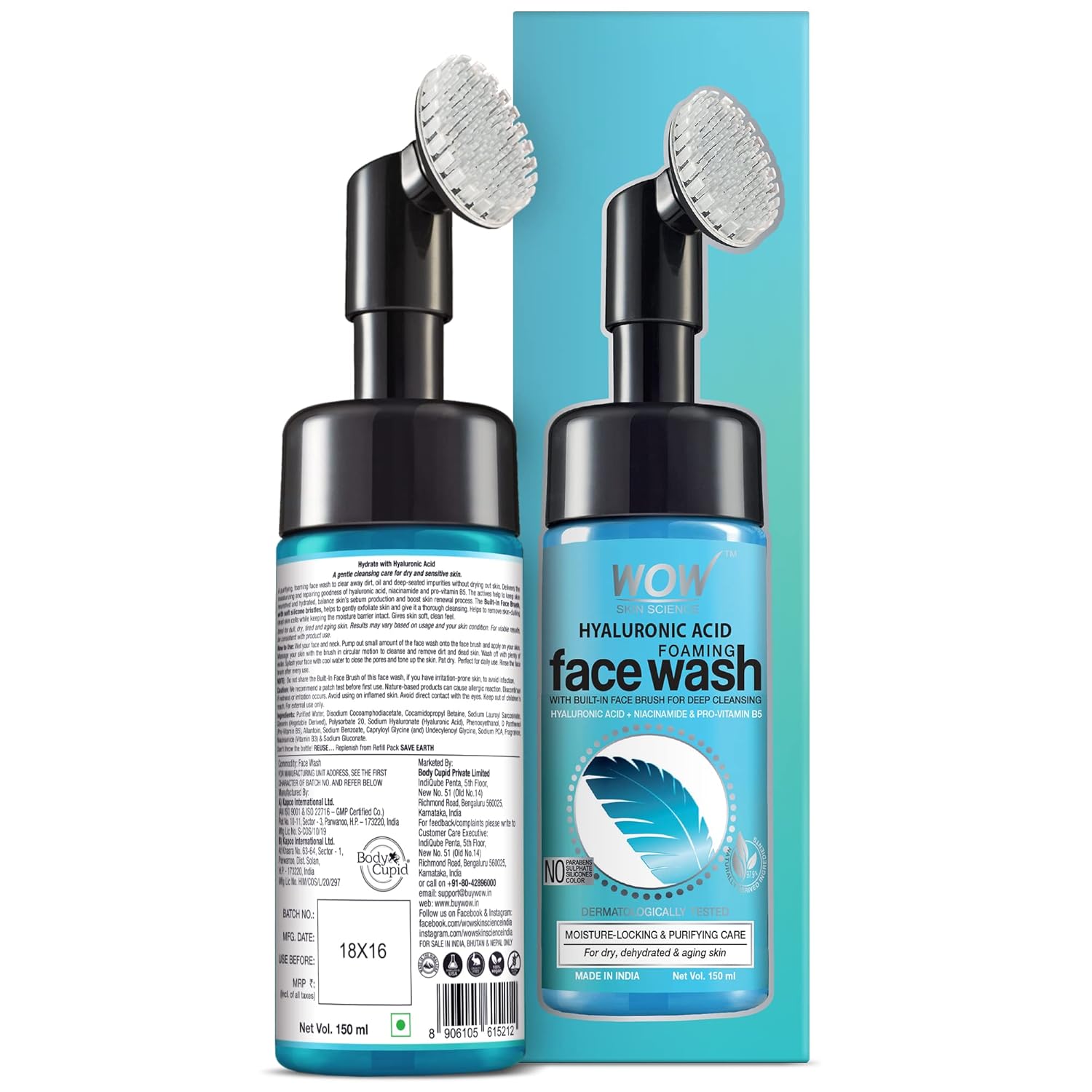 WOW Skin Science Hyaluronic Acid Foaming Face Wash - with Built-In Brush - For Moisture-Locking & Purifying Care - 150ml