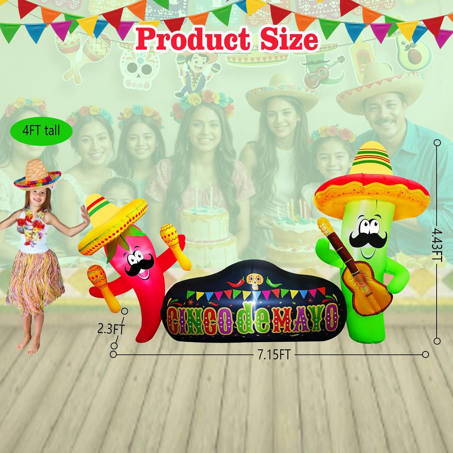 7FT Cinco De Mayo Inflatables Cactus & Chili Banner, Mexican Blow up Inflatable Cactus Play Guitar and Inflatable Chili Play Maraca with Taco Sombrero Built-in 5 LEDs for May 5 Fiesta Party