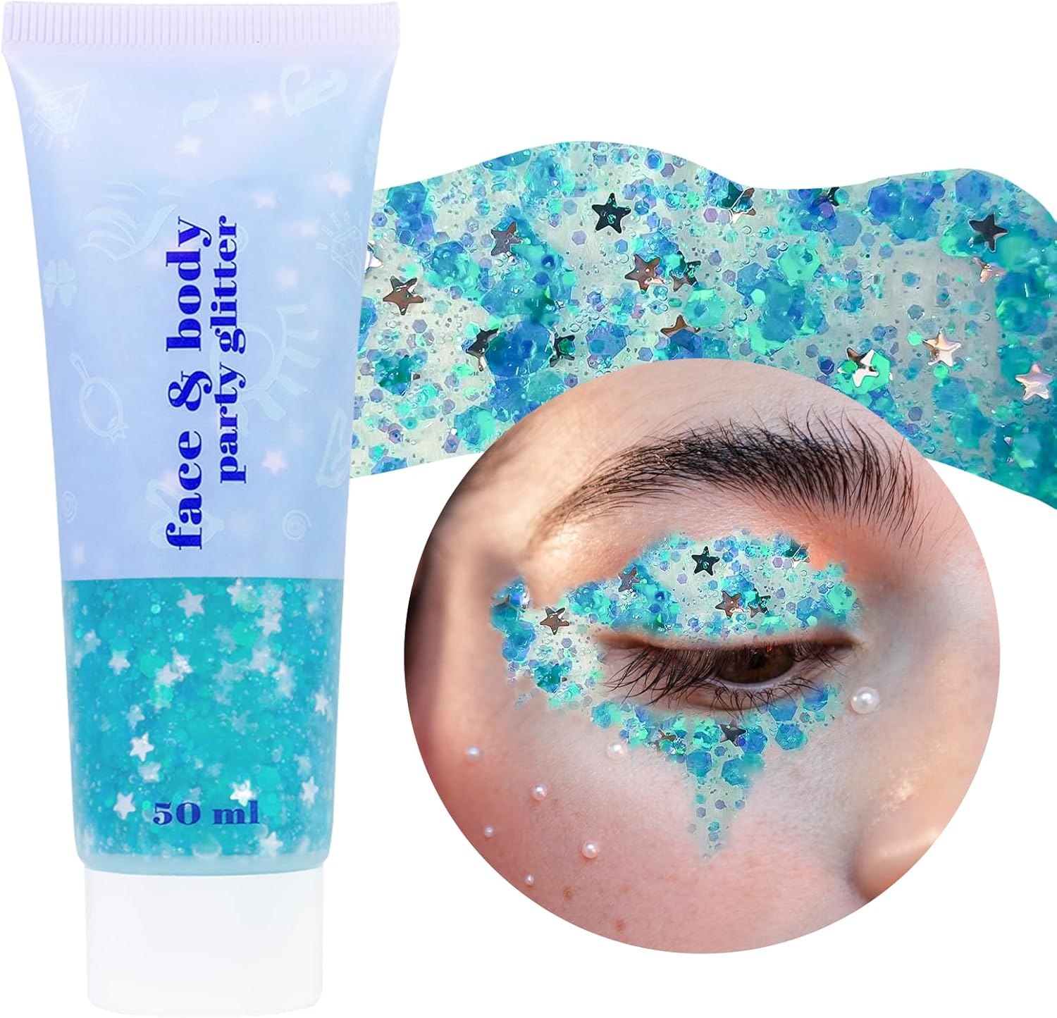 Prreal Body Glitter Gel 50ml, Mermaid Sequins Chunky Glitter Liquid Kit, Long-Lasting Glitters Powder for Festival Masquerade Birthday Makeup #Lake blue