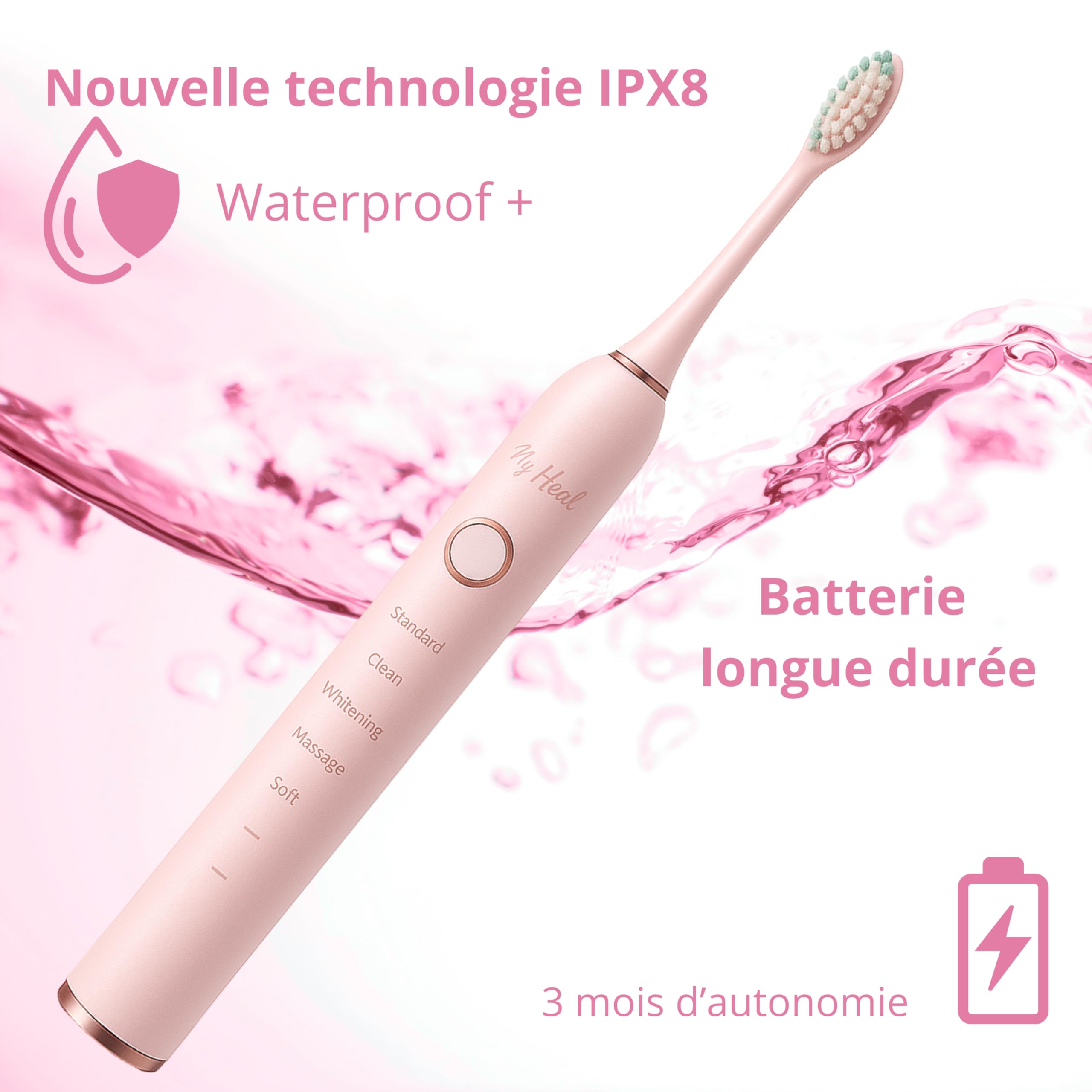 * MY HEAL* | Spazzolino da denti elettrico sonico | 3 mesi di autonomia | 5 modalità di spazzolatura con timer da 2 min integrato | Ricaricabile USB | Confezione 1 Spazzolino a dente e 2 testine di