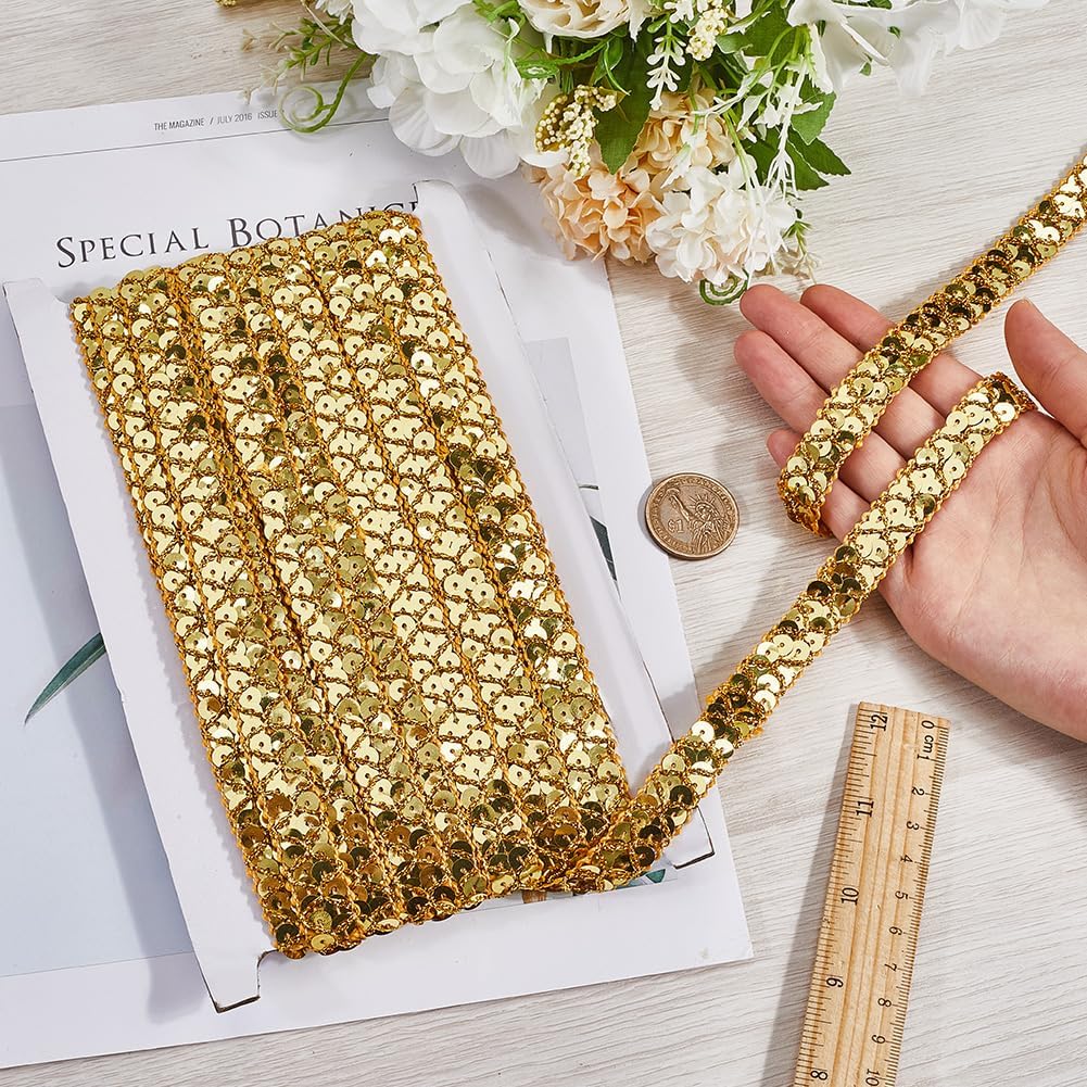 14.22 Yards Gold Sequin Ribbon Trim Flat Bling Paillette Trimming Metallic Glitter Sequins Beaded Strip Bulk for Sewing Making Crafts Clothes Dress Wedding Decor Christmas DIY Supply