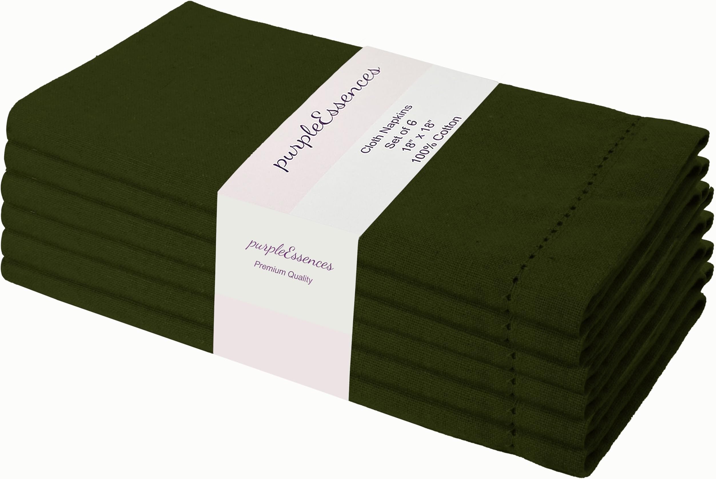 PurpleEssences Set of 6 Hemstitch Cloth Dinner Napkins 100% Cotton - Soft Durable Washable -Ideal for Events Wedding Fall Thanksgiving - Perfect Everyday Use Table Linen 18x18 - Olive Green