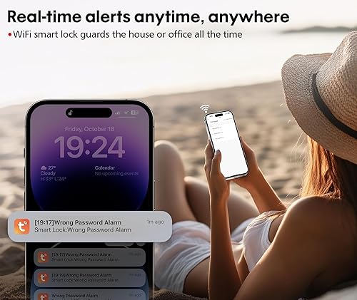 Miniatura 5 de Cerradura de puerta de entrada sin llave WiFi integrada con teclado, control remoto de aplicación, no requiere puente, bloqueo automático, IP65