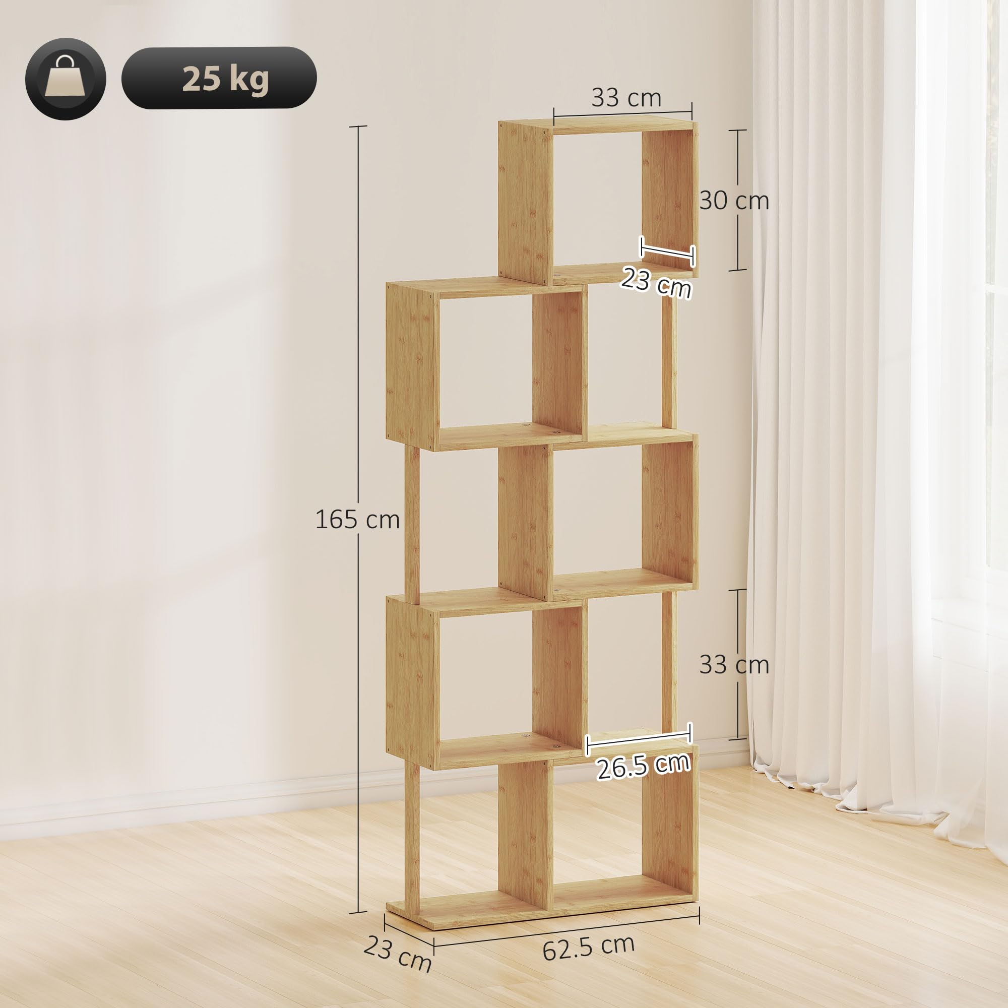 HOMCOM Libreria Scaffale a 5 Ripiani Suddivisi in Bambù a Forma di S, Libreria Verticale Salvaspazio Slim, Scaffale Portaoggetti per Soggiorno, Camera da Letto e Ufficio, 62.5x23x165 cm, Color Legno