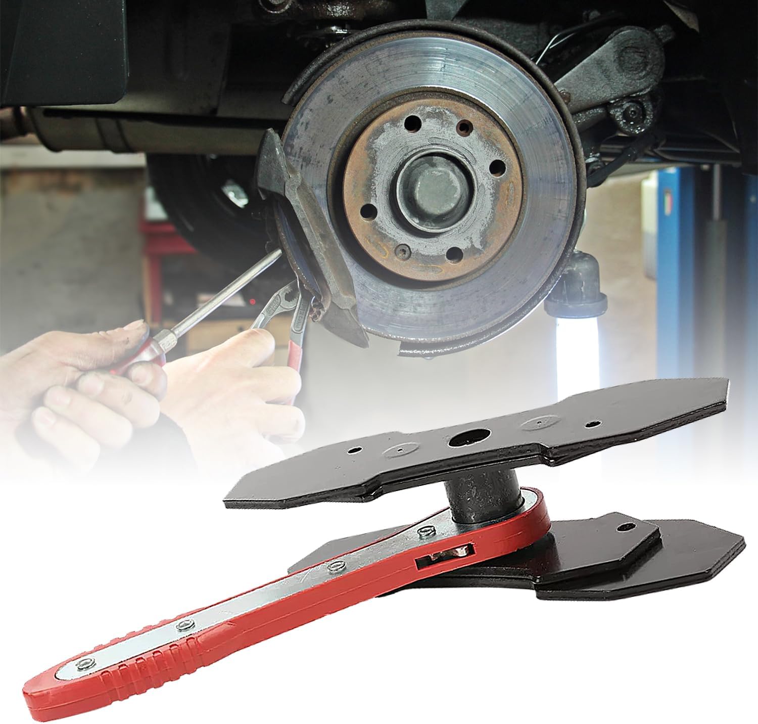 Brake Caliper Press Tool with 360 Degree Swing Ratchet, Brake Piston Compressor Tool, Brake Pad Spreader, Brake Caliper Press Ratchet with 2 Extra PCS Steel Plates Range from 1.57"-2.76", Red