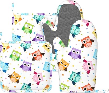 Colorful Cute Owl Oven Mitts and Pot Holders Sets of 4, Heat Resistant Silicone Oven Mittens and Potholders Gloves Hot Pads for Kitchen Cooking Baking Grilling BBQ Chef