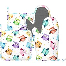 Colorful Cute Owl Oven Mitts and Pot Holders Sets of 4, Heat Resistant Silicone Oven Mittens and Potholders Gloves Hot Pads for Kitchen Cooking Baking Grilling BBQ Chef