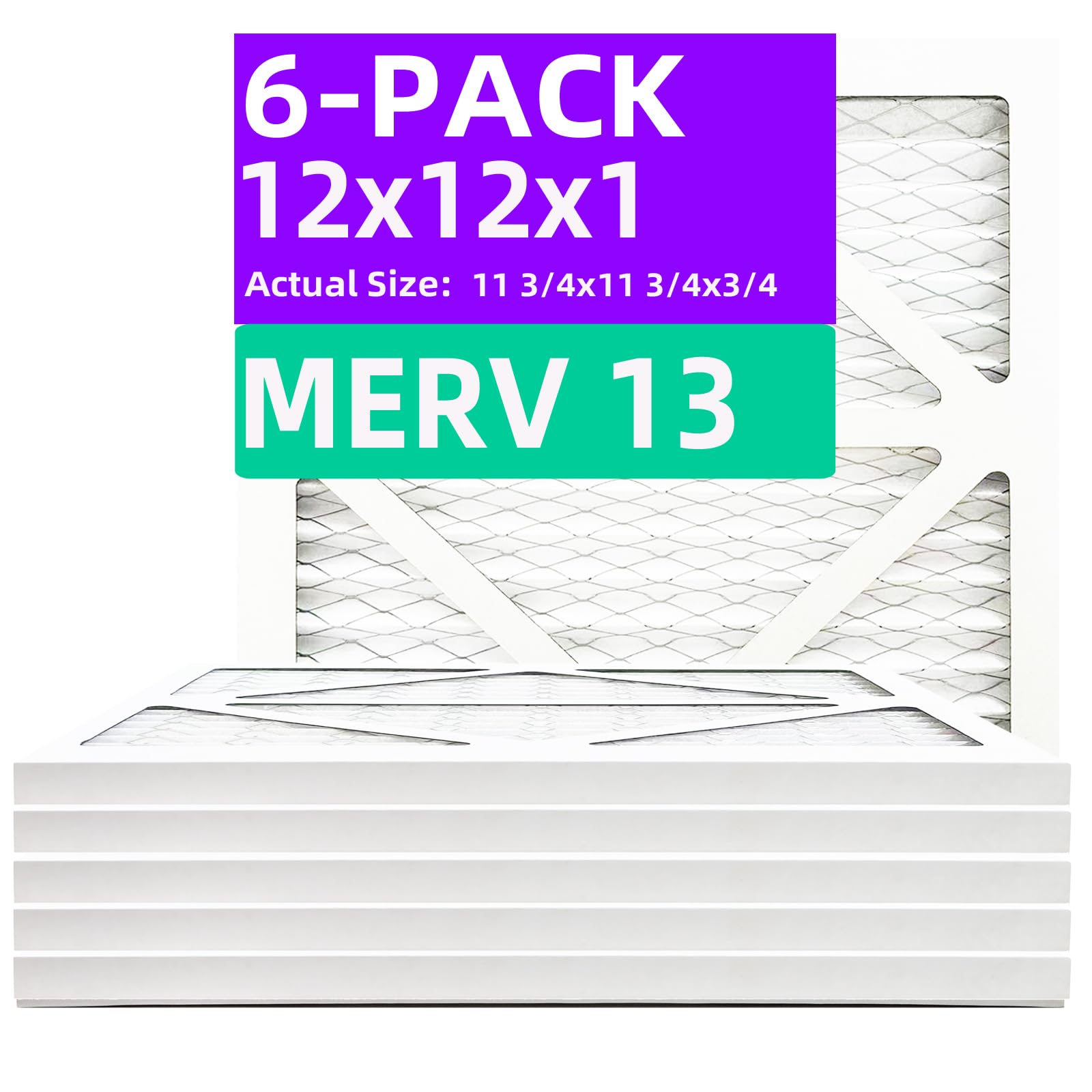 Qingzhug White 12X12x1 Merv 13 (6-Pack) Pleated Air Filter (Actual Size: 11.69" X 11.69" X 0.75") Mpr 1900 & Fpr 10, Furnace Air Filters