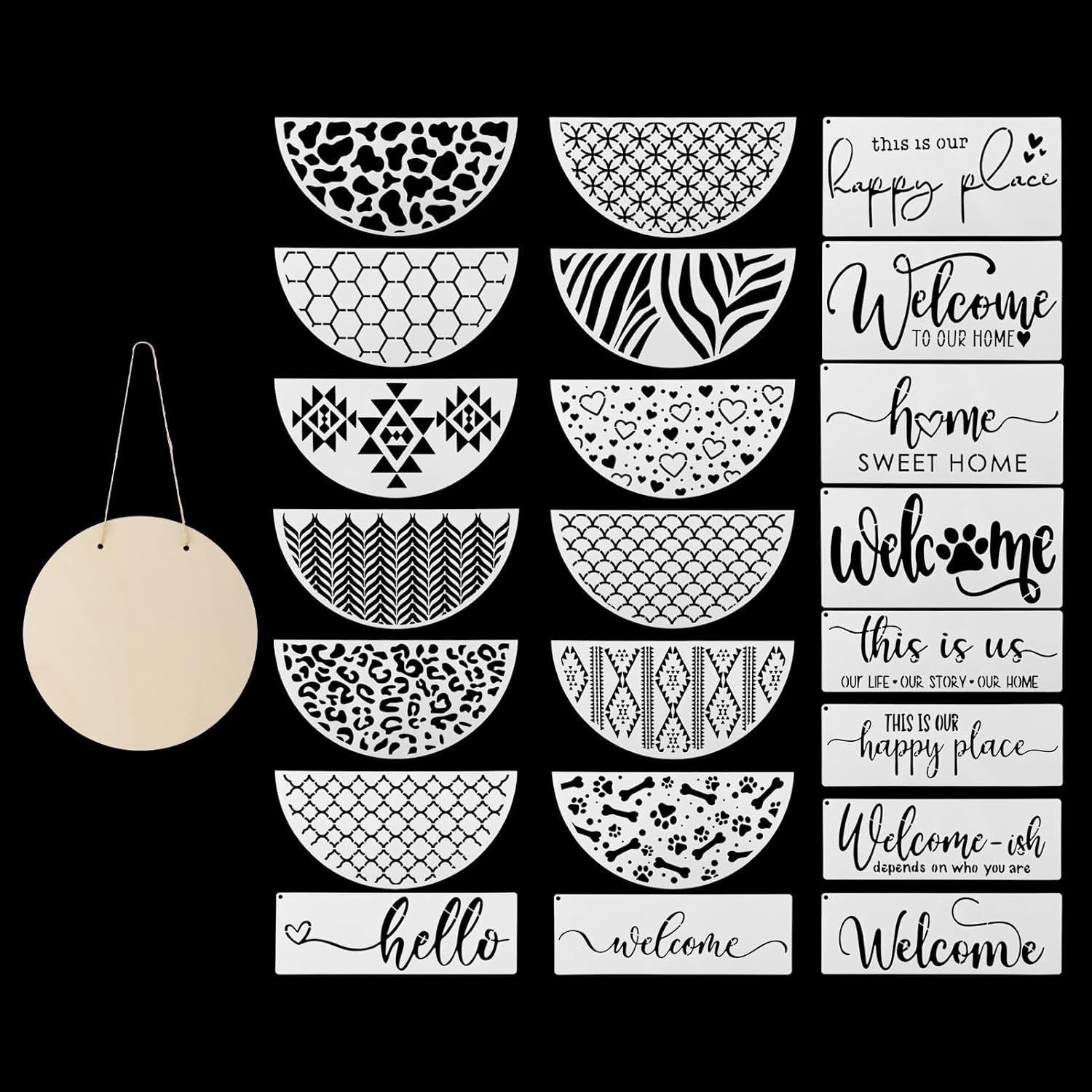 22Pcs Welcome Stencils for Painting with 1 Round Door Sign and 1 Rope, Reusable Welcome Stencil for Wood Sign, Half Round/Rectangle Stencils for Wall DIY Home Decor Porch Sign(Color:White)