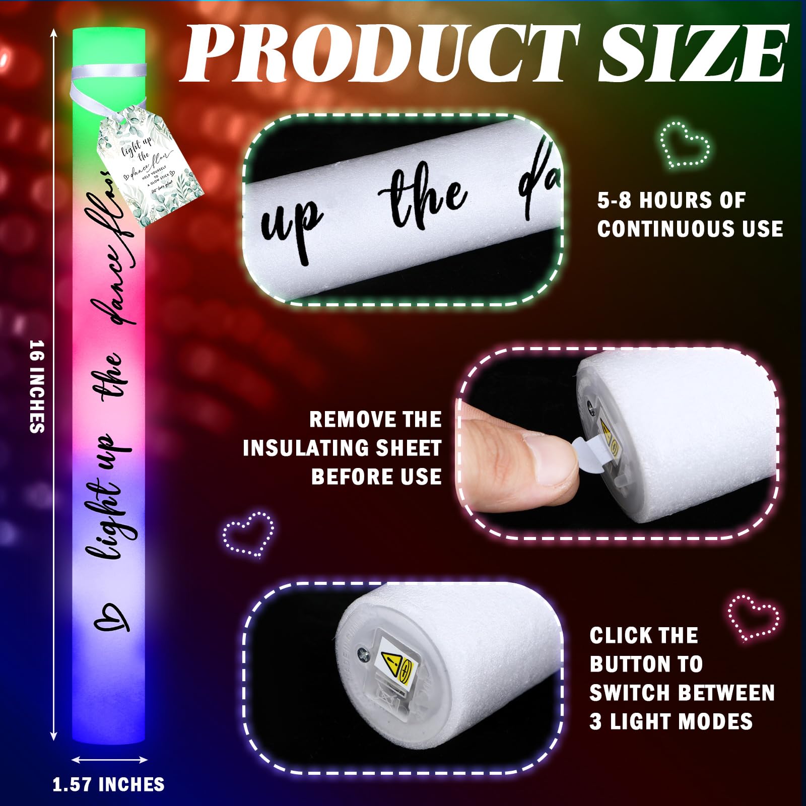 Tujoe 50 bastoncini luminosi per matrimoni, bomboniere per ospiti, ricevimenti, giganti, 40,6 cm, con luci a LED, ideali come regalo per matrimoni e compleanni