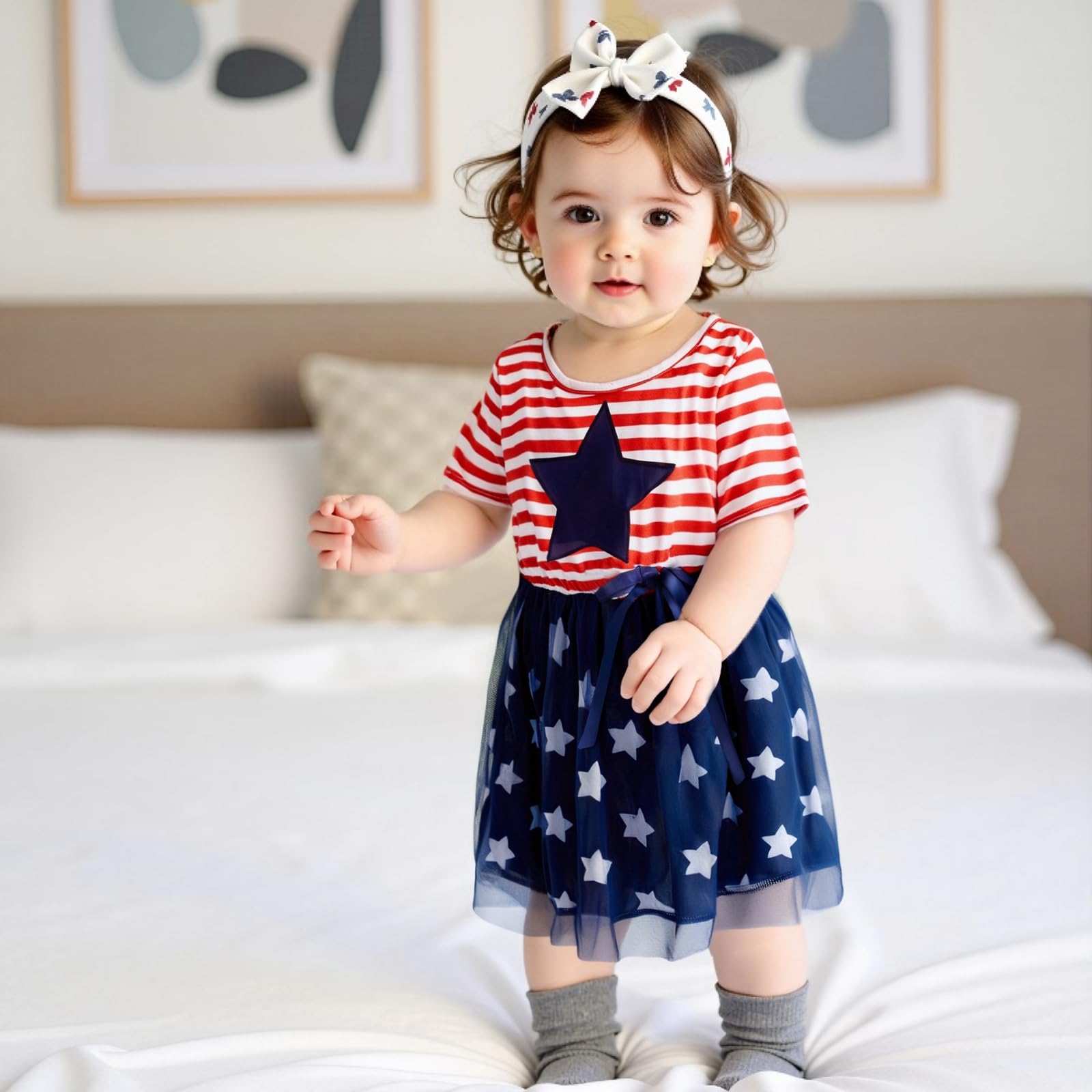Sasaerucure 4th of July Outfit Clothes Toddler Baby Girl Star Striped Short Sleeve Mesh Dress Patriotic Dresses for Girls (Blue, 2-3 Years)