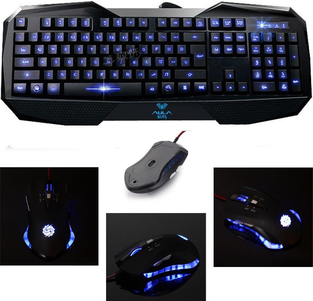 Blue LED Backlight Backlit Back Light USB Wired Illuminated Game Gaming Keyboard with Mic Mouse Bundled for Pc Laptop