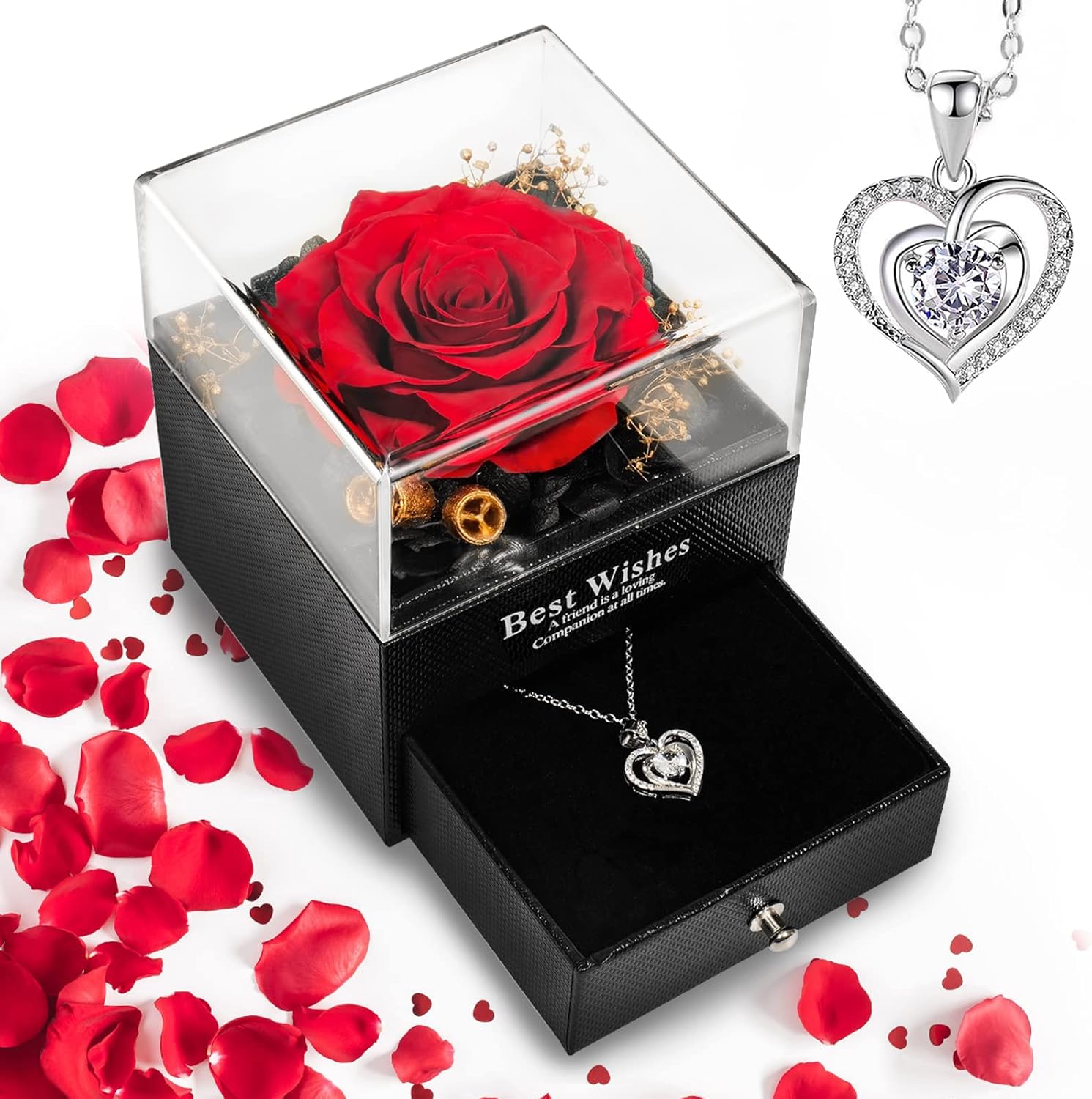 Daover Rosa Eterna Preservada, Rosa Roja Real Eterna con Collar Caja De Regalo Flores Preservadas, Rosa Real Preservada para El Día de San Valentín Día de la Madre Navidad Regalos Románticos para Ella